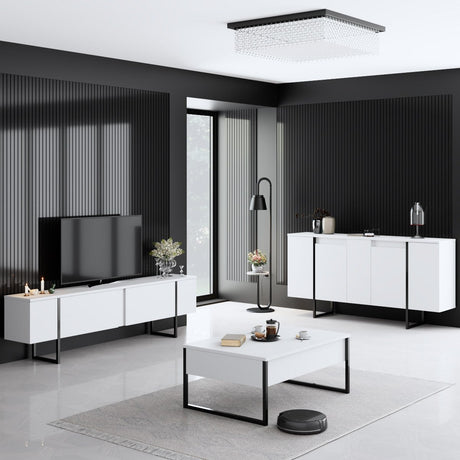 Furniture Sets - Furniture Set White Luxury - Coffee Table + TV Furniture + Dresser - Black Frame - Dimehouse