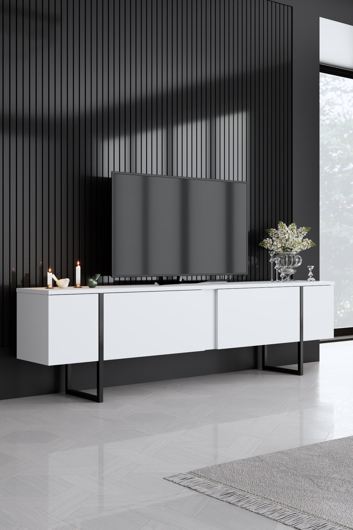 Furniture Sets - Furniture Set White Luxury - Coffee Table + TV Furniture + Dresser - Black Frame - Dimehouse