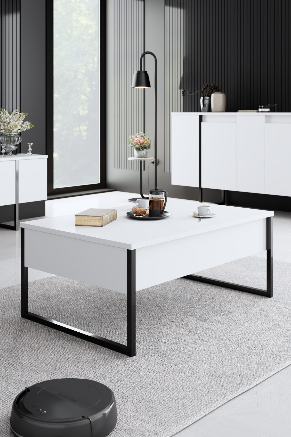 Furniture Sets - Furniture Set White Luxury - Coffee Table + TV Furniture + Dresser - Black Frame - Dimehouse