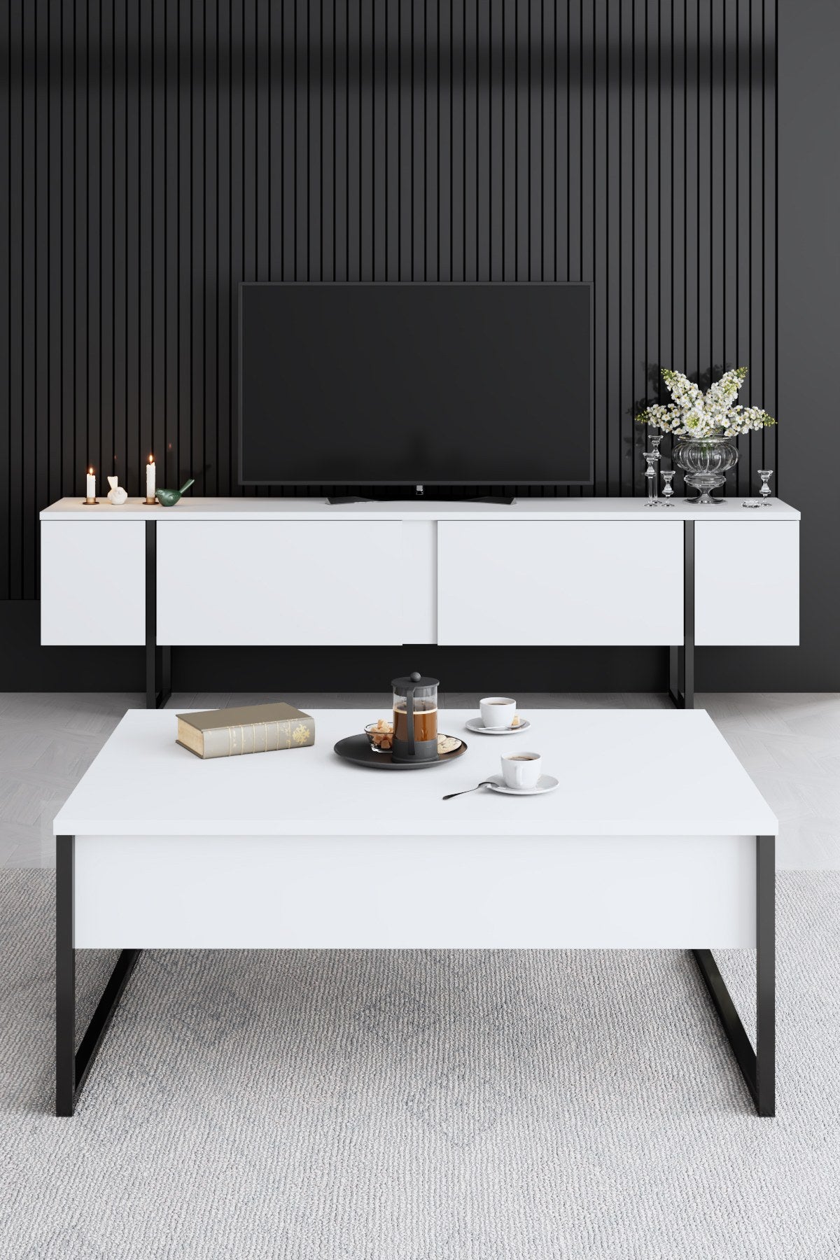 Furniture Sets - Furniture Set White Luxury - Coffee Table + TV Furniture + Dresser - Black Frame - Dimehouse