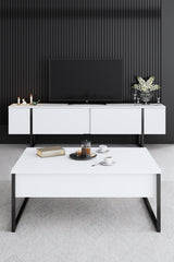 Furniture Sets - Furniture Set White Luxury - Coffee Table + TV Furniture + Dresser - Black Frame - Dimehouse
