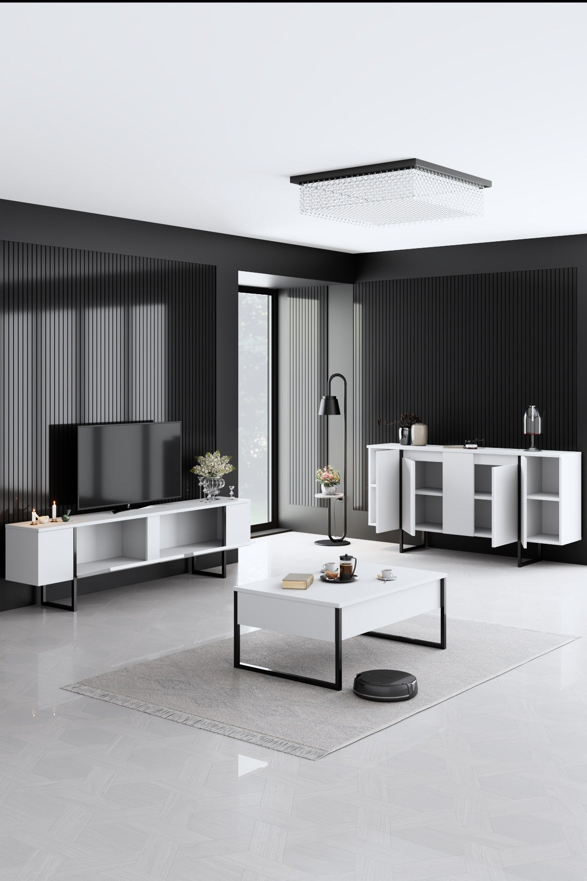 Furniture Sets - Furniture Set White Luxury - Coffee Table + TV Furniture + Dresser - Black Frame - Dimehouse