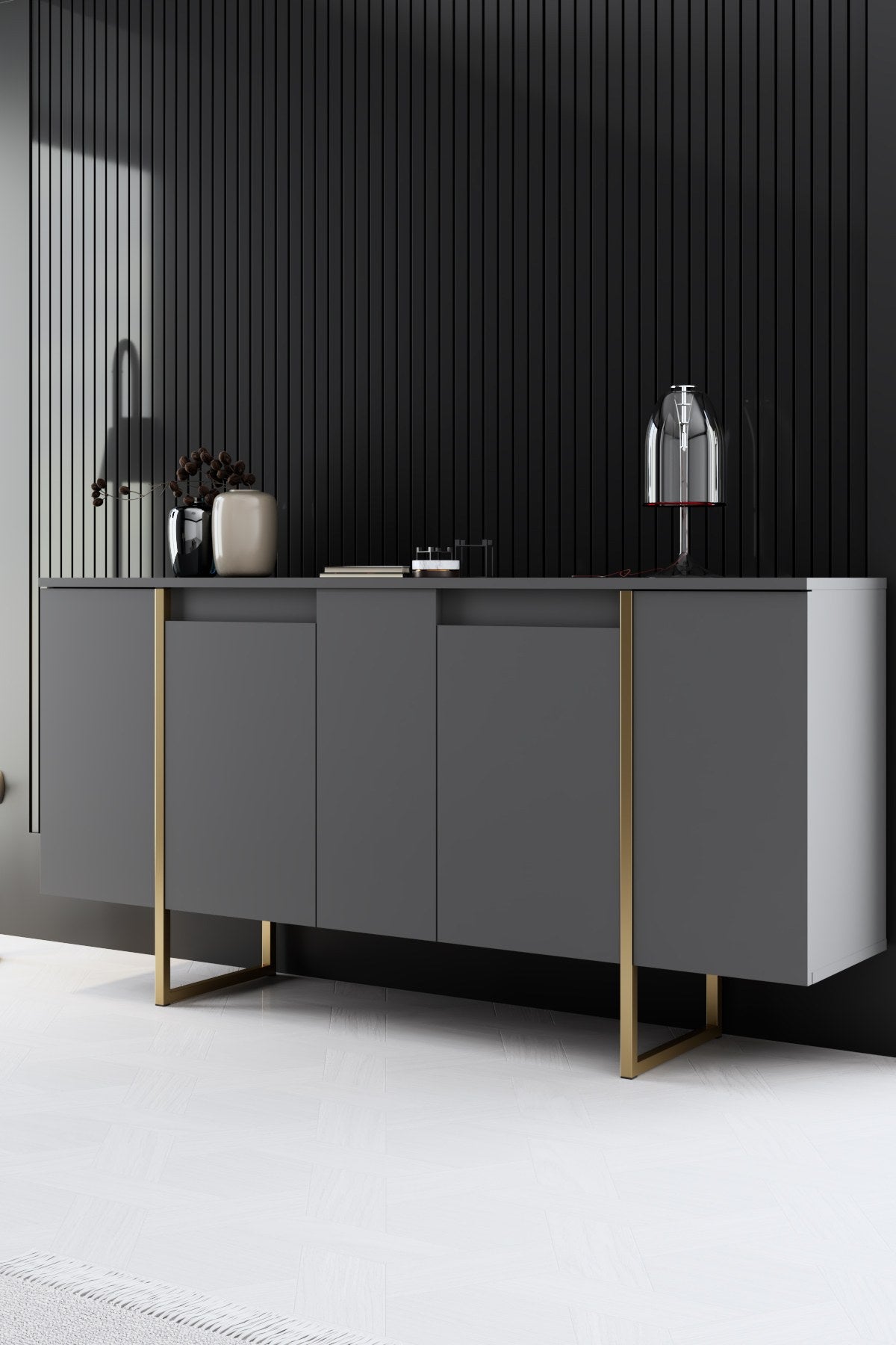 Furniture Sets - Furniture Set Anthracite Luxury - Coffee Table + TV Furniture + Sideboard - Golden Frame - Dimehouse