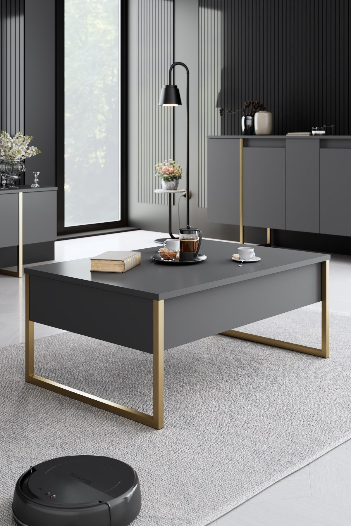 Furniture Sets - Furniture Set Anthracite Luxury - Coffee Table + TV Furniture + Sideboard - Golden Frame - Dimehouse