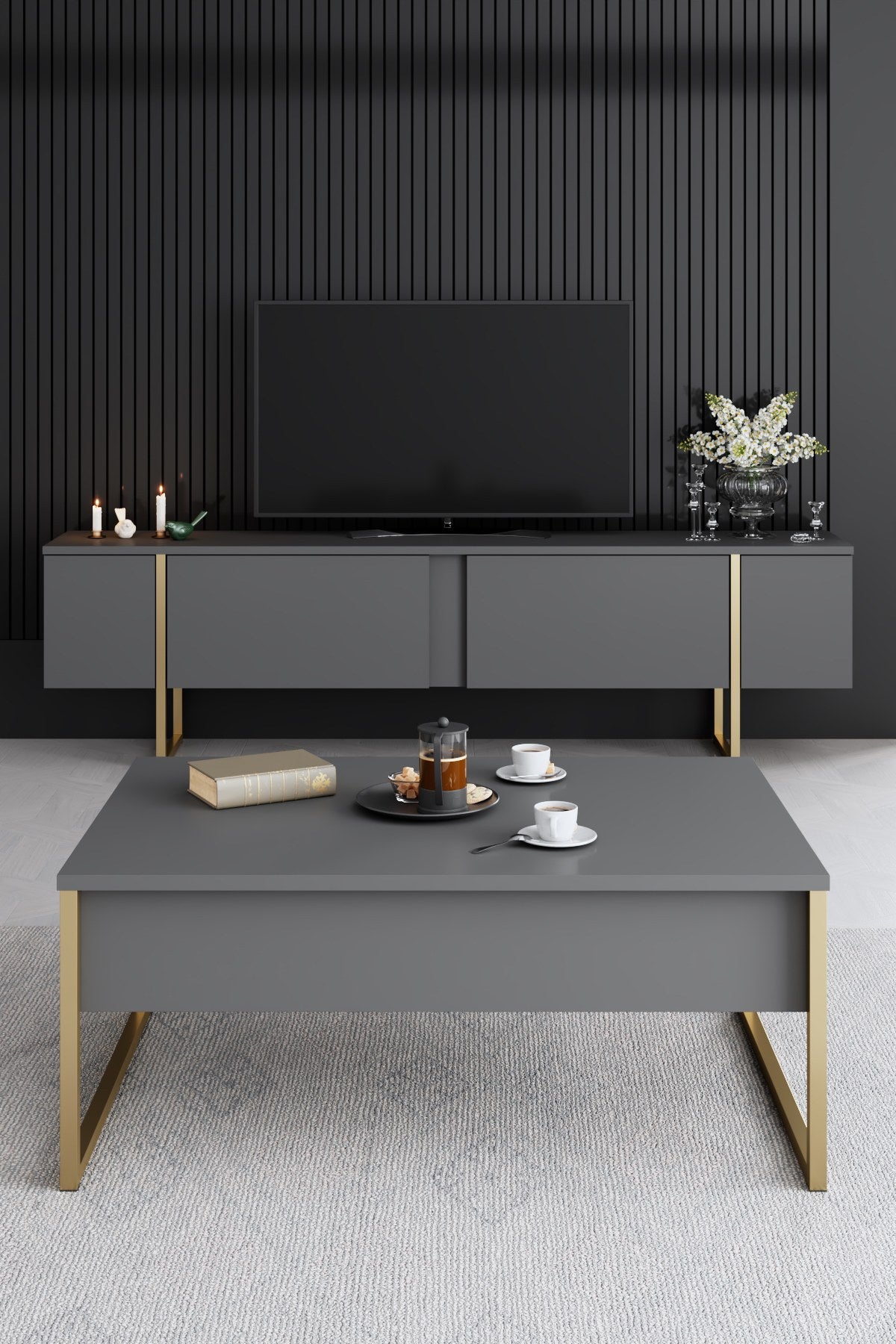 Furniture Sets - Furniture Set Anthracite Luxury - Coffee Table + TV Furniture + Sideboard - Golden Frame - Dimehouse