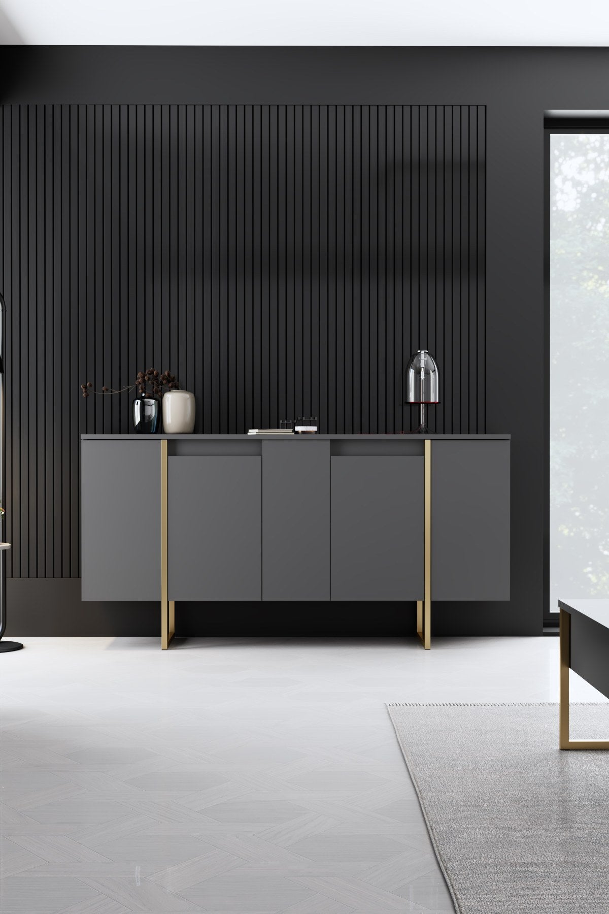 Furniture Sets - Furniture Set Anthracite Luxury - Coffee Table + TV Furniture + Sideboard - Golden Frame - Dimehouse