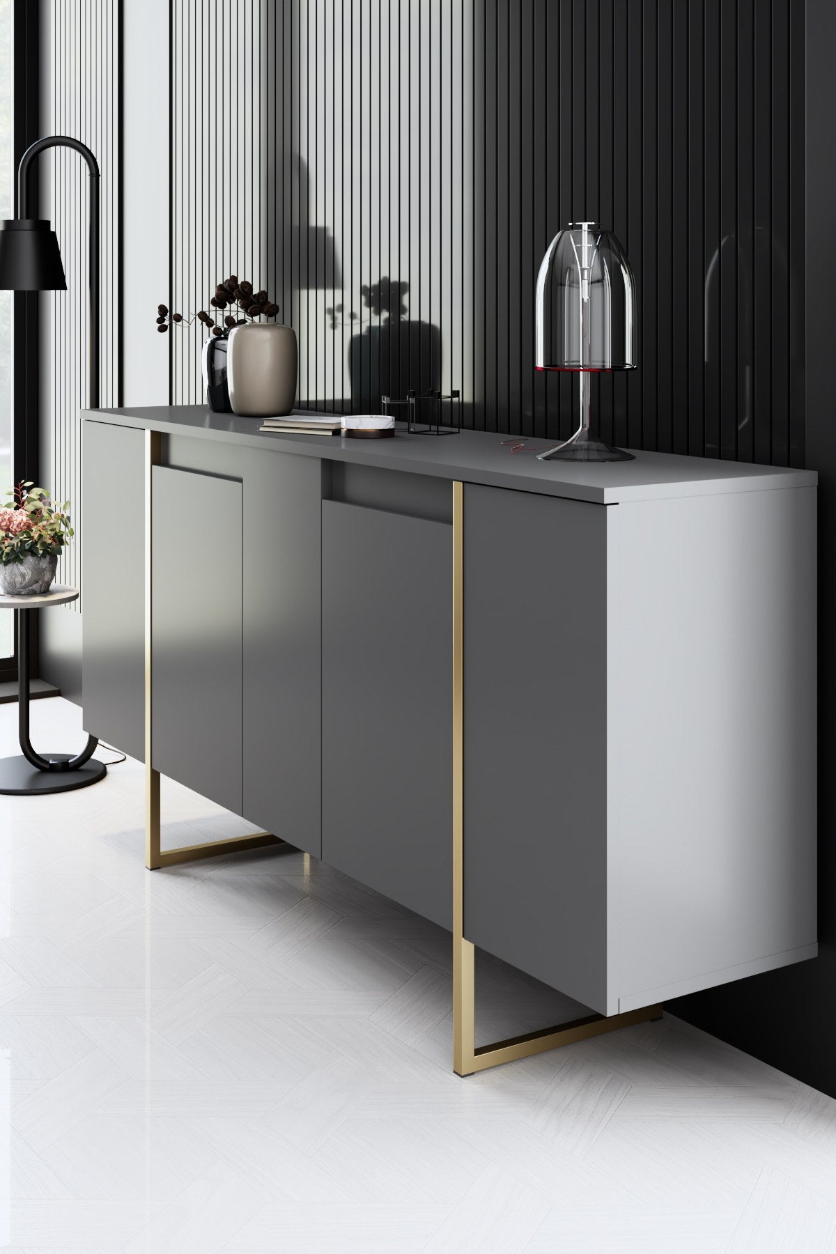 Furniture Sets - Furniture Set Anthracite Luxury - Coffee Table + TV Furniture + Sideboard - Golden Frame - Dimehouse