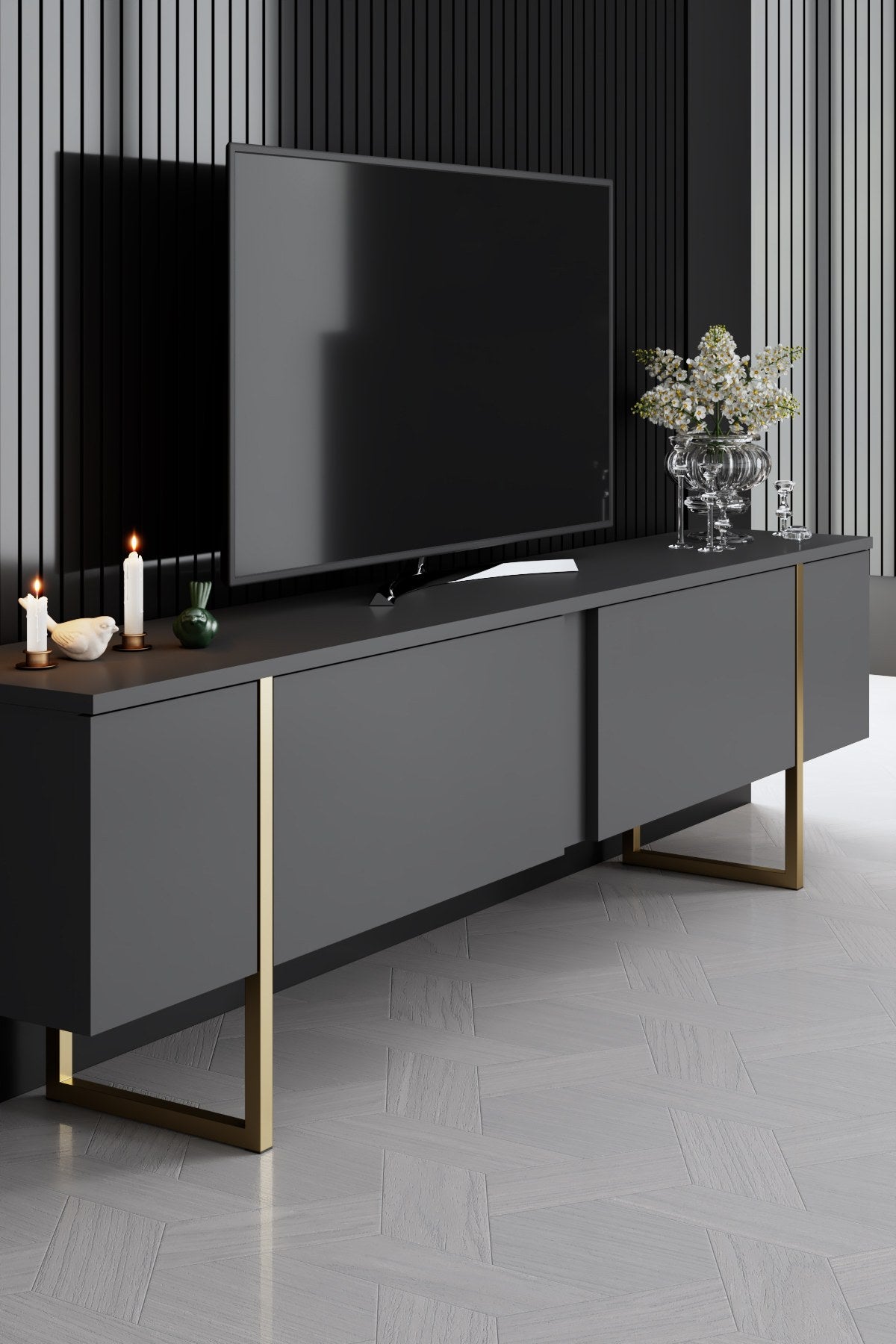 Furniture Sets - Furniture Set Anthracite Luxury - Coffee Table + TV Furniture + Sideboard - Golden Frame - Dimehouse