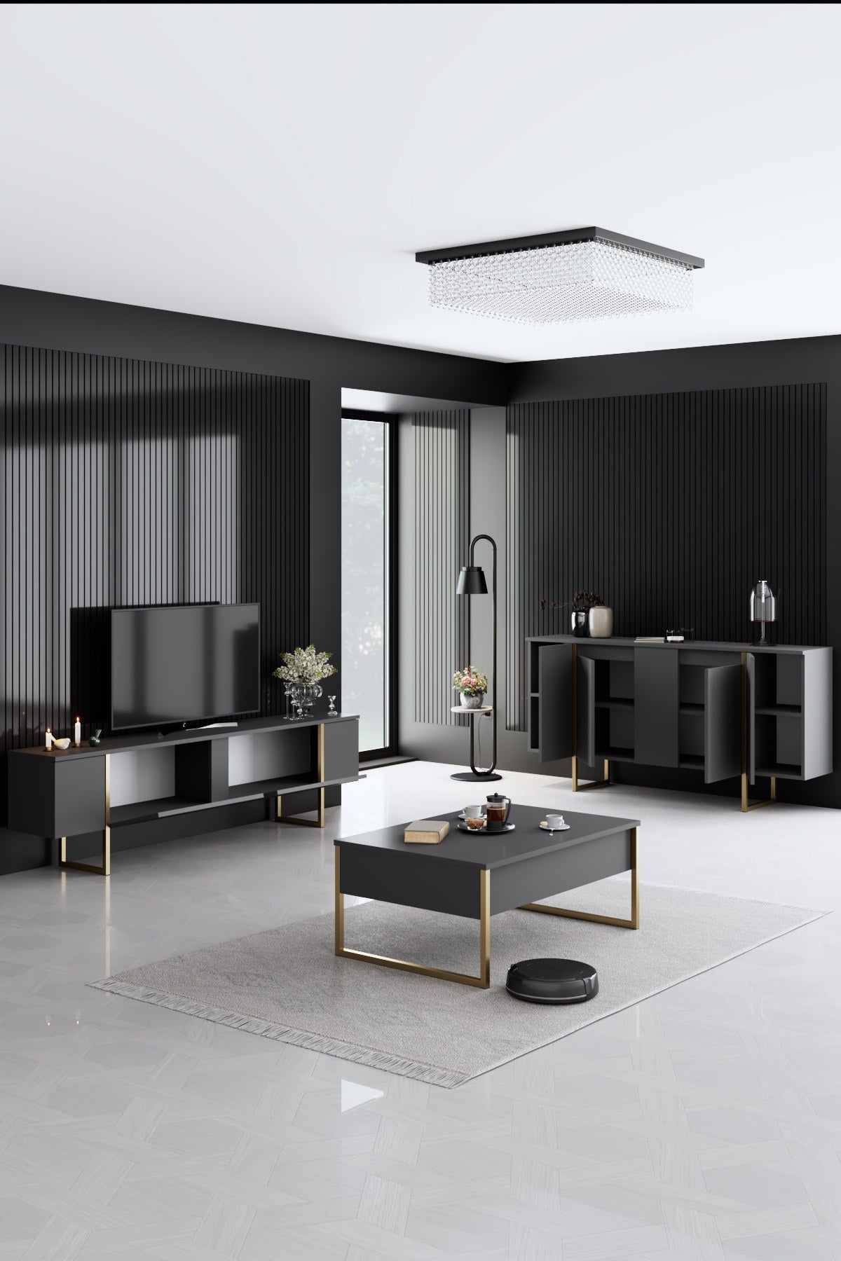 Furniture Sets - Furniture Set Anthracite Luxury - Coffee Table + TV Furniture + Sideboard - Golden Frame - Dimehouse