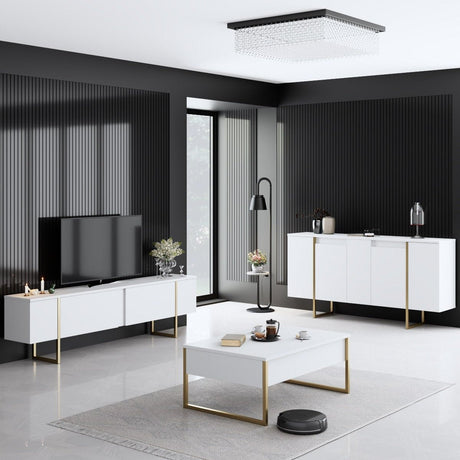 Furniture Sets - Furniture Set White Luxury - Coffee Table + TV Furniture + Dresser - Golden Frame - Dimehouse