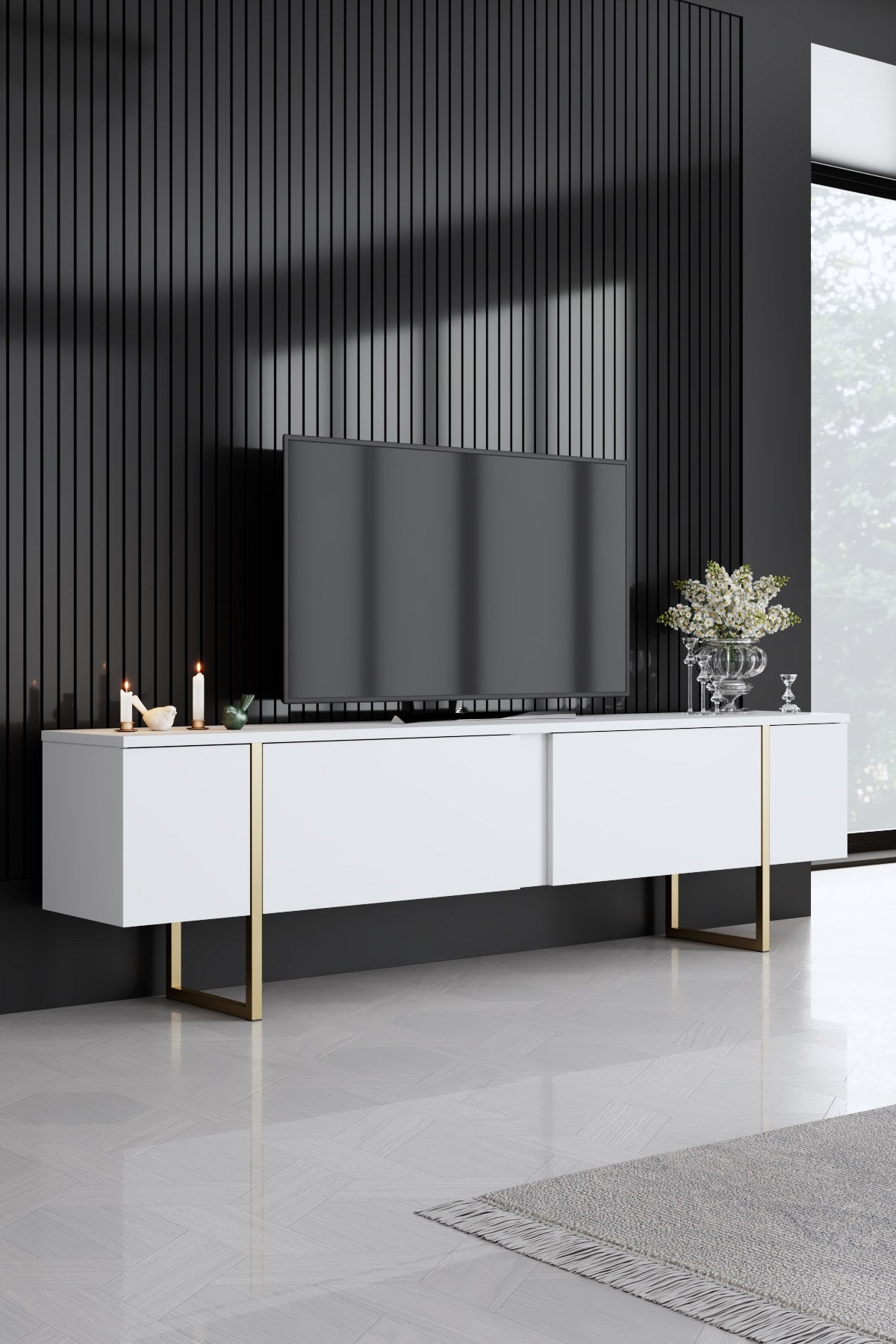 Furniture Sets - Furniture Set White Luxury - Coffee Table + TV Furniture + Dresser - Golden Frame - Dimehouse