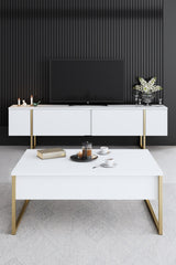 Furniture Sets - Furniture Set White Luxury - Coffee Table + TV Furniture + Dresser - Golden Frame - Dimehouse