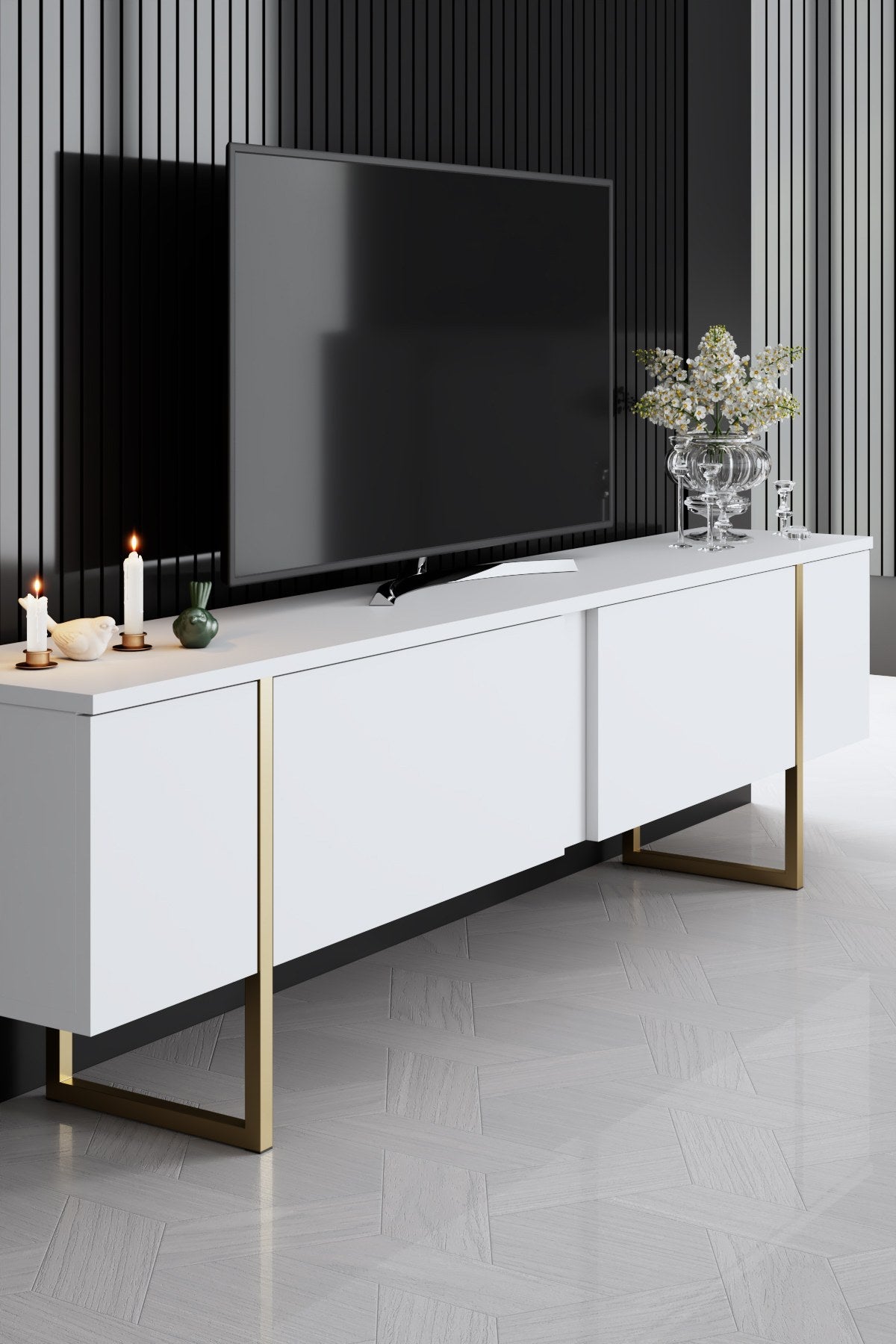 Furniture Sets - Furniture Set White Luxury - Coffee Table + TV Furniture + Dresser - Golden Frame - Dimehouse