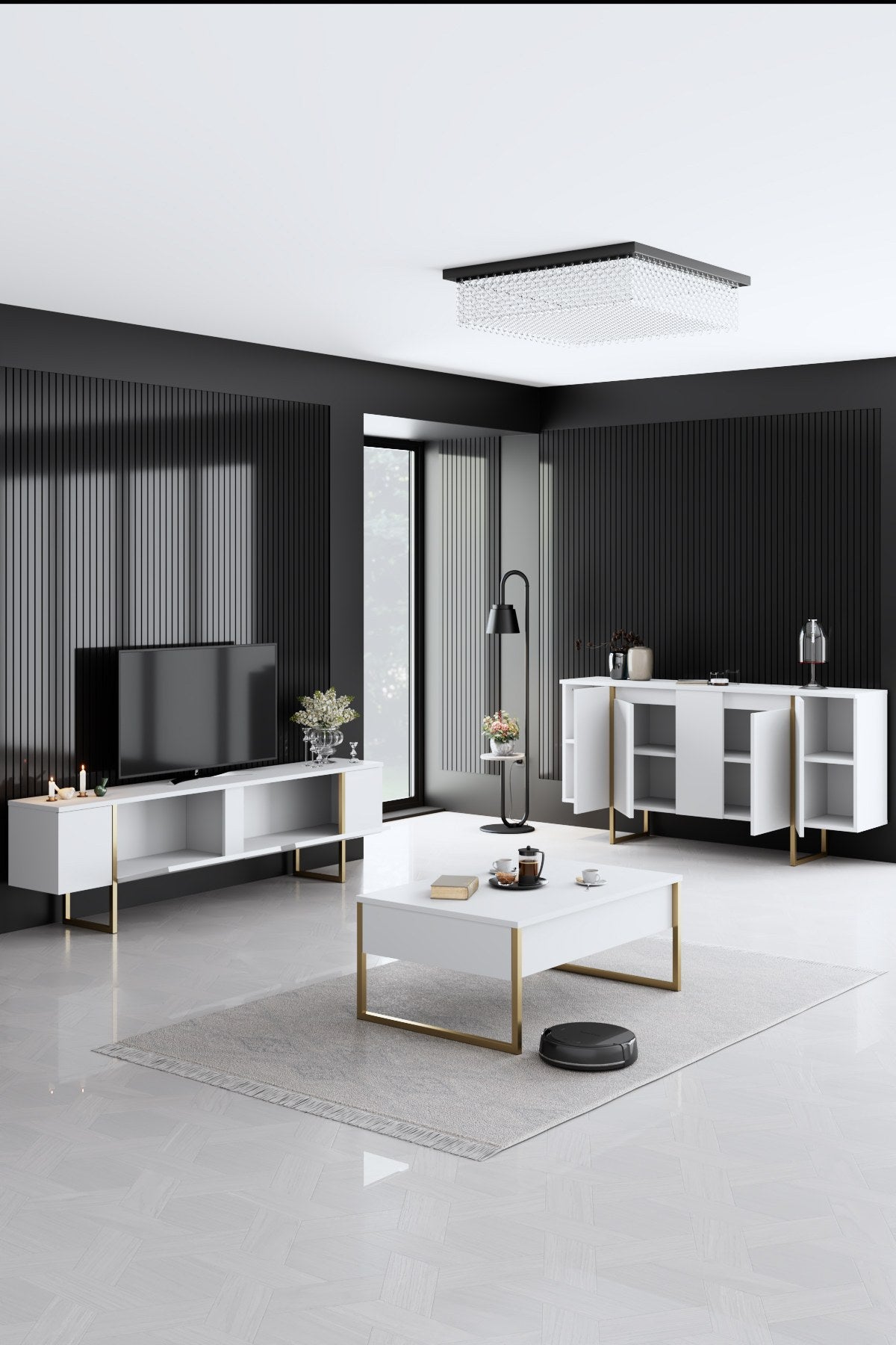 Furniture Sets - Furniture Set White Luxury - Coffee Table + TV Furniture + Dresser - Golden Frame - Dimehouse