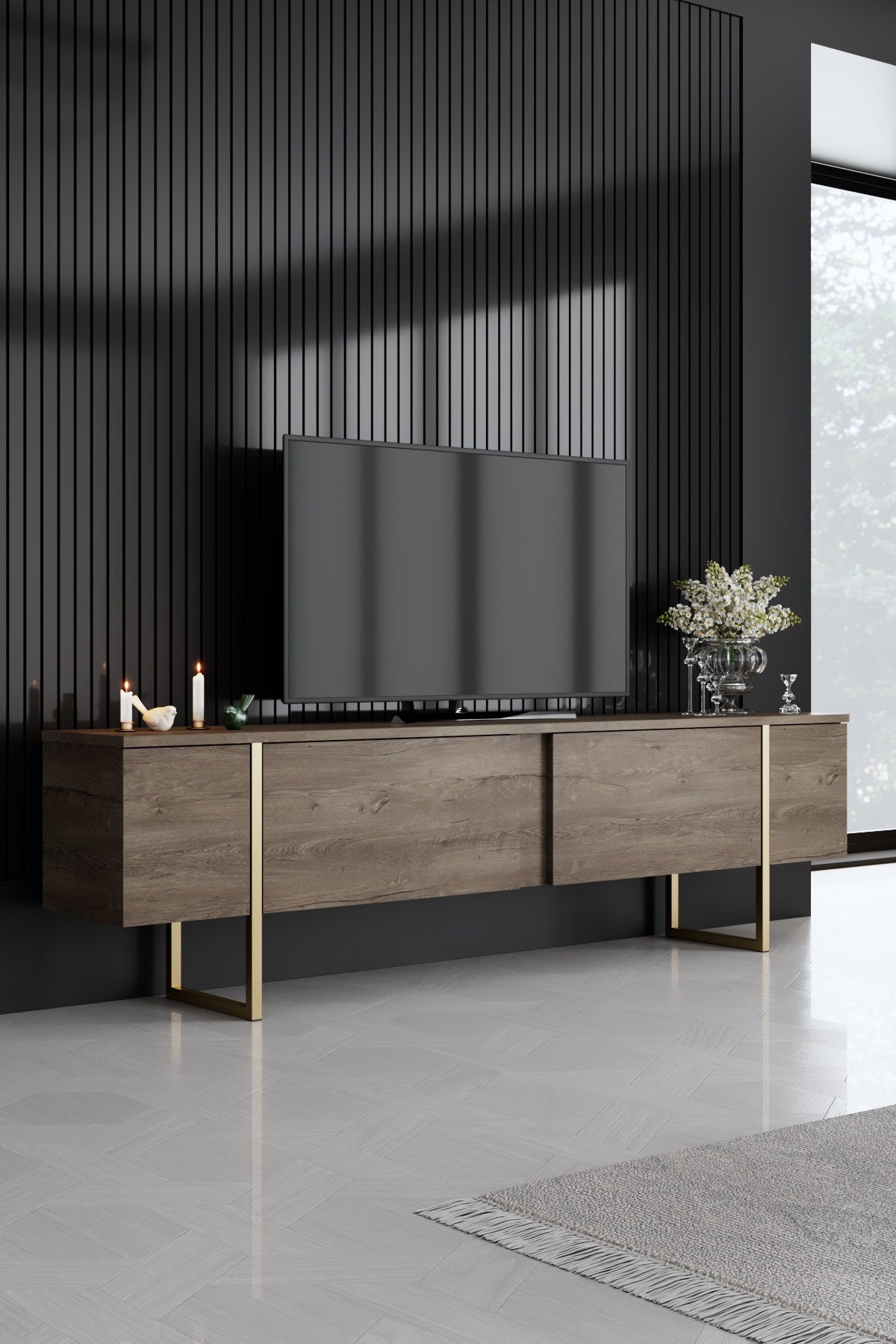 Furniture Sets - Furniture Set Walnut Luxury - Coffee Table + TV Furniture + Sideboard - Golden Frame - Dimehouse