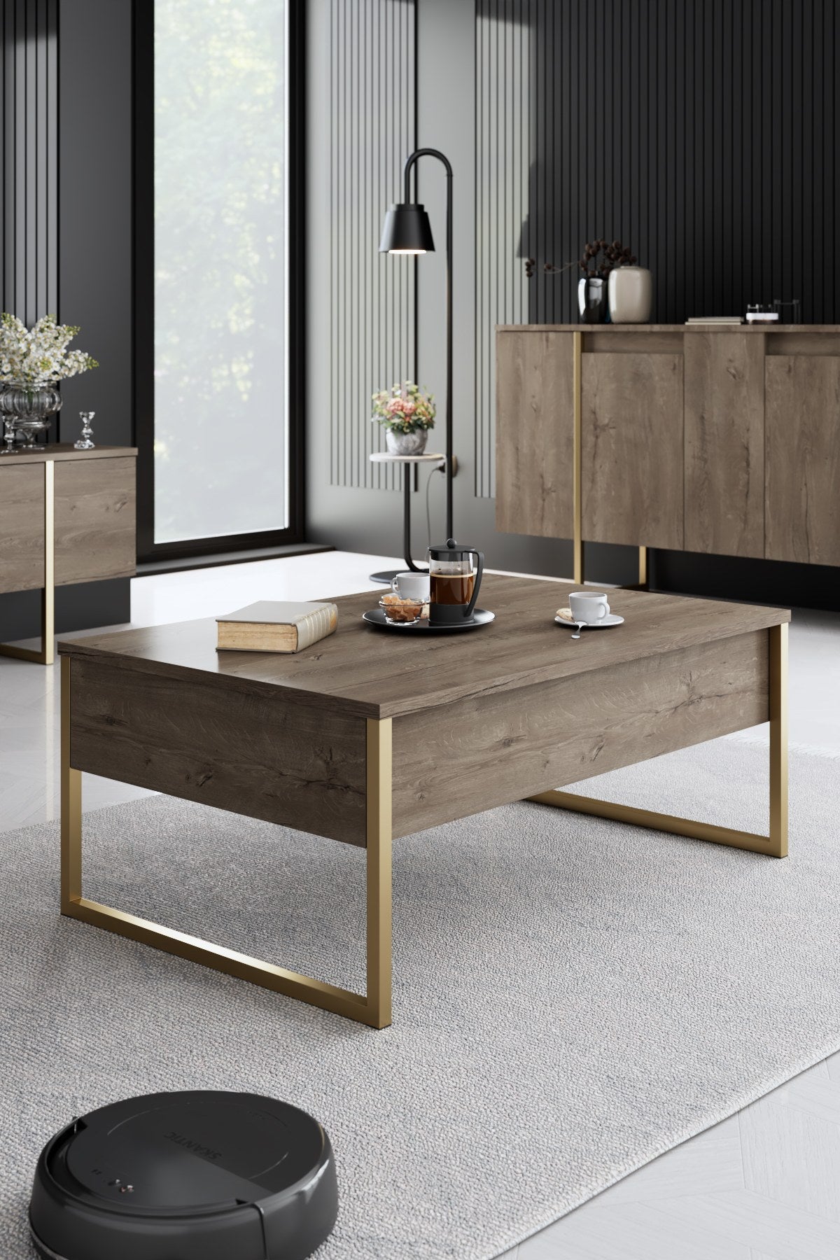 Furniture Sets - Furniture Set Walnut Luxury - Coffee Table + TV Furniture + Sideboard - Golden Frame - Dimehouse