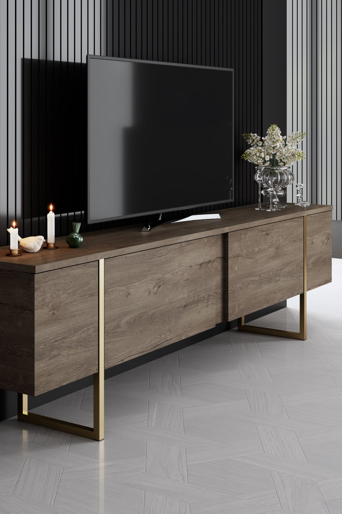 Furniture Sets - Furniture Set Walnut Luxury - Coffee Table + TV Furniture + Sideboard - Golden Frame - Dimehouse