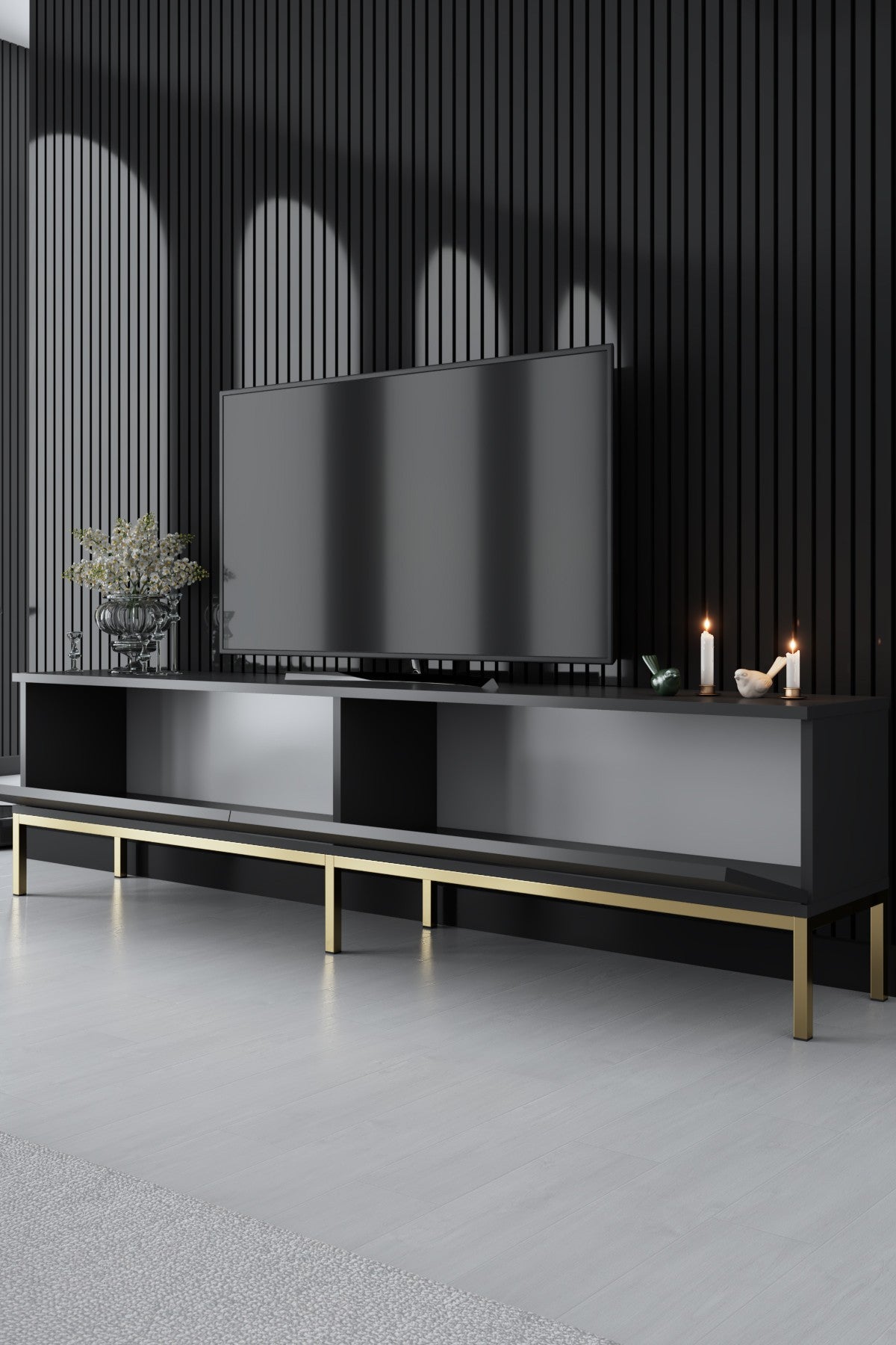TV Furniture - TV Furniture Lord Anthracite Gold Melamine 180x47x30 cm - Dimehouse