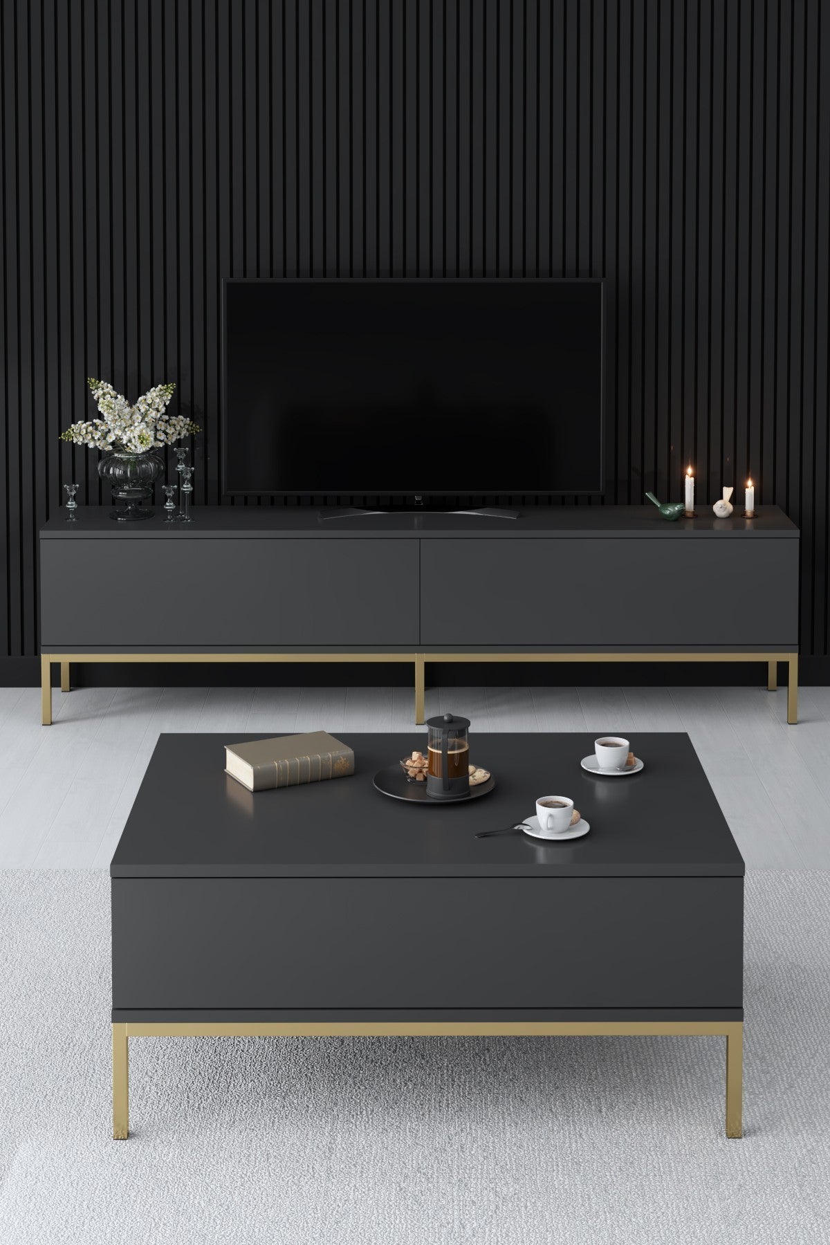 TV Furniture - TV Furniture Lord Anthracite Gold Melamine 180x47x30 cm - Dimehouse