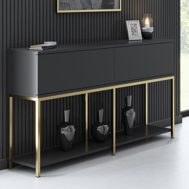 Sideboards - Modern Sideboard Anthracite Lord 150x30x80 - Gold Frame - Two Compartments - Dimehouse