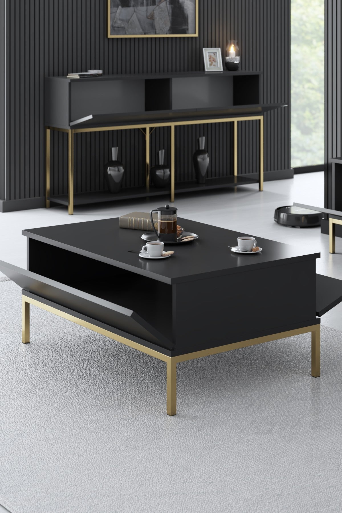Coffee tables - Rectangular Coffee Table Anthracite Lord 90x60 - Golden Frame - Dimehouse