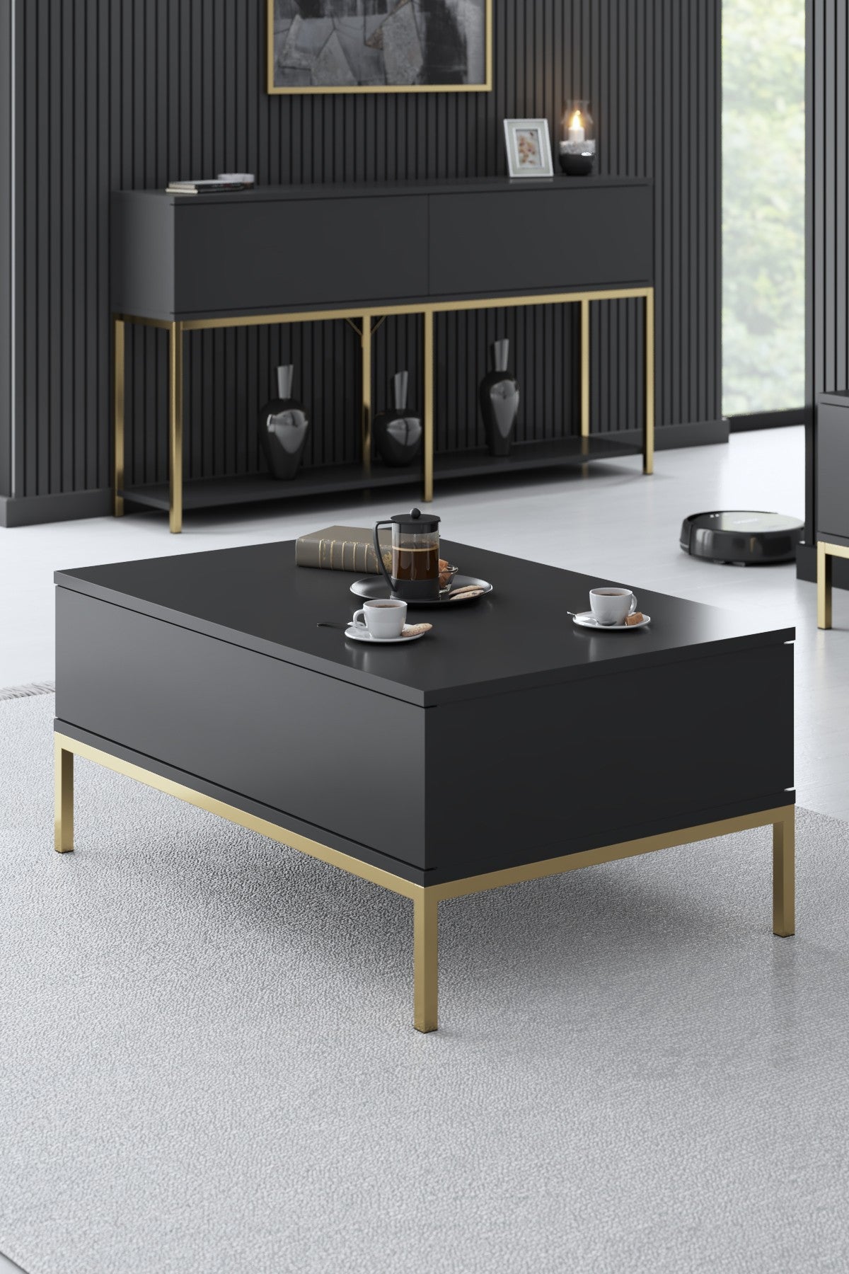 Furniture Sets - Furniture Set Anthracite Lord - Coffee Table + TV Furniture + Sideboard - Golden Frame - Dimehouse