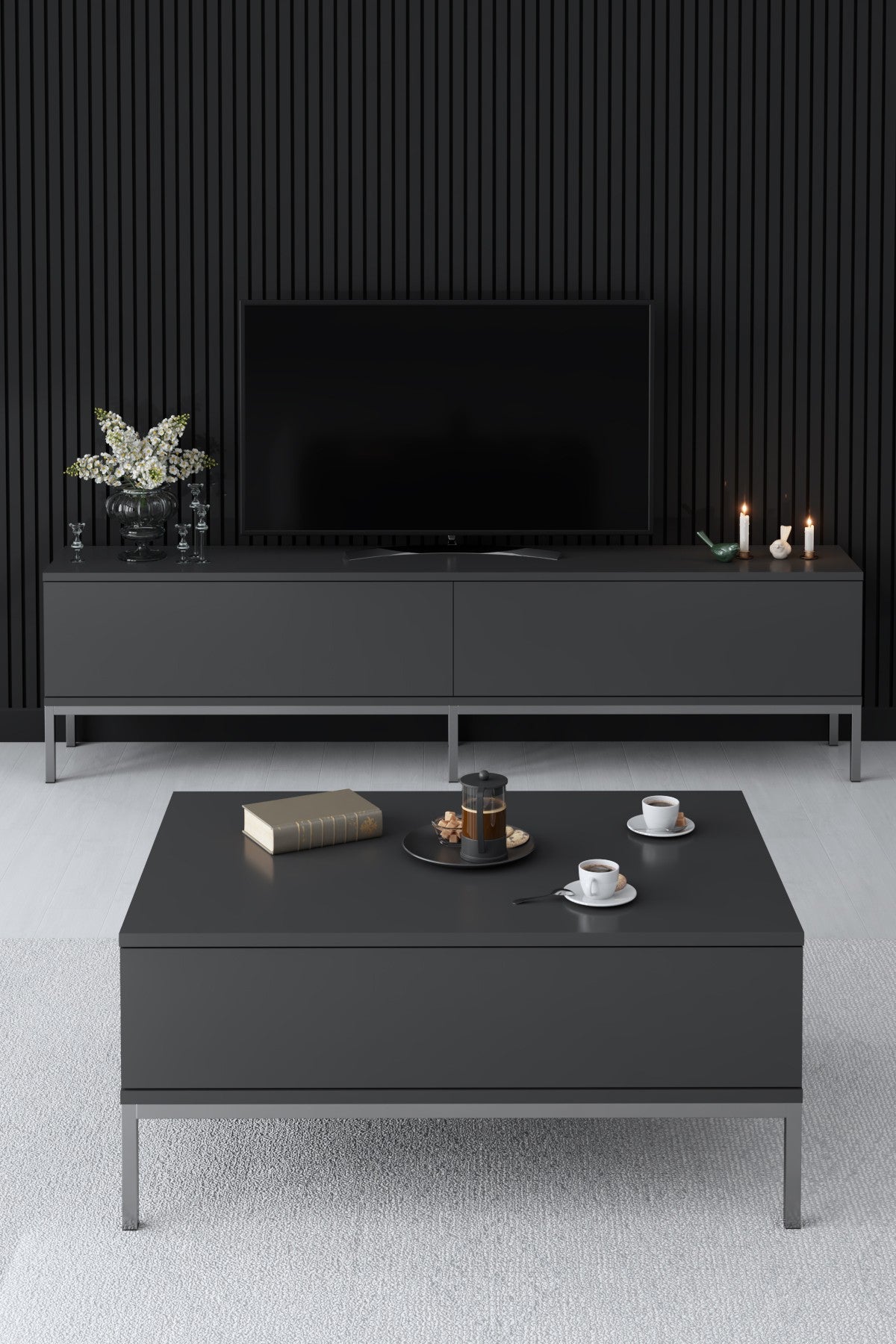 Furniture Sets - Furniture Set Anthracite Lord - Coffee Table + TV Furniture + Sideboard - Silver Frame - Dimehouse