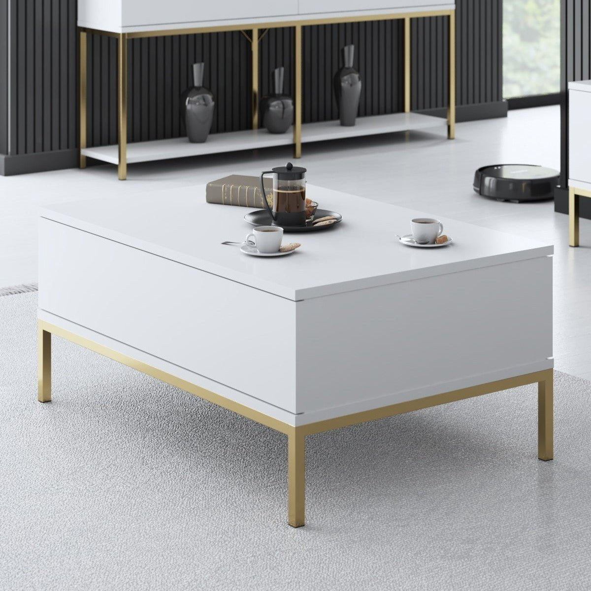 Coffee Tables - Rectangular Coffee Table White Lord 90x60 - Golden Frame - Dimehouse