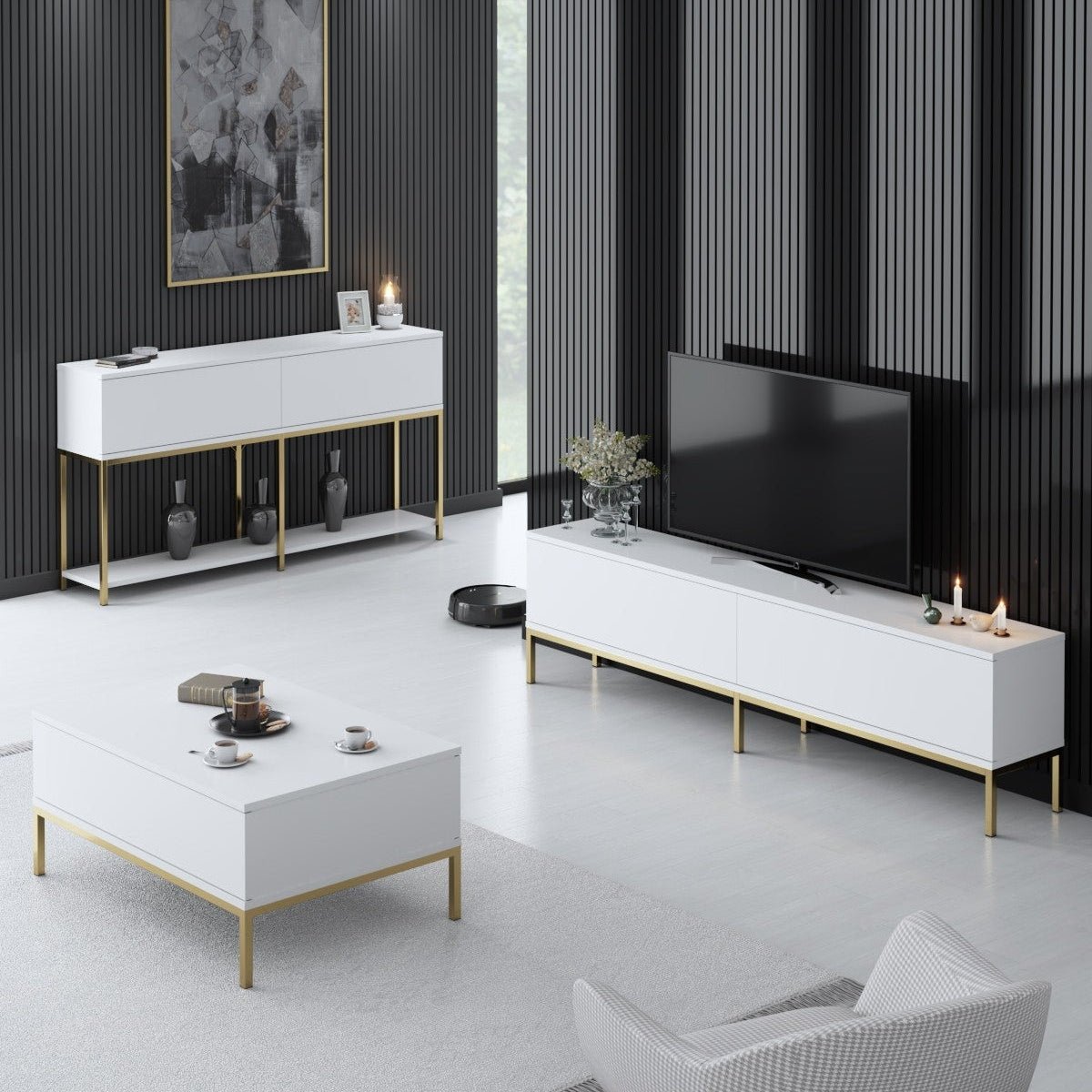 Furniture Sets - Furniture Set White Lord - Coffee Table + TV Furniture + Sideboard - Golden Frame - Dimehouse