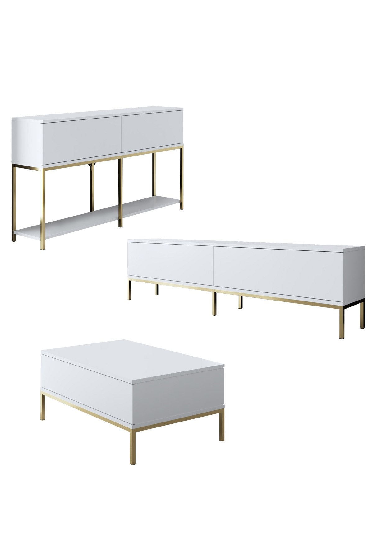 Furniture Sets - Furniture Set White Lord - Coffee Table + TV Furniture + Sideboard - Golden Frame - Dimehouse