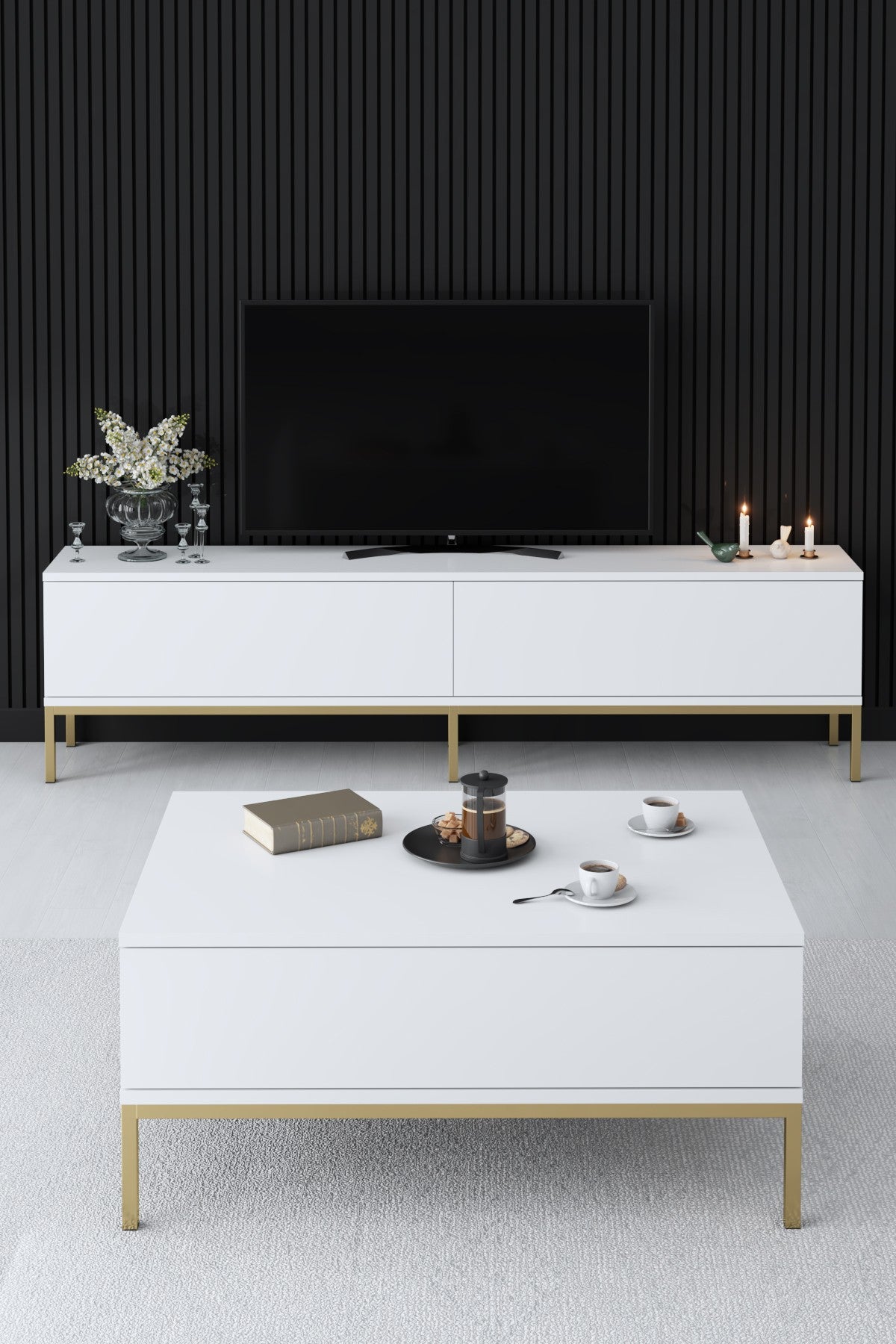 Furniture Sets - Furniture Set White Lord - Coffee Table + TV Furniture + Sideboard - Golden Frame - Dimehouse