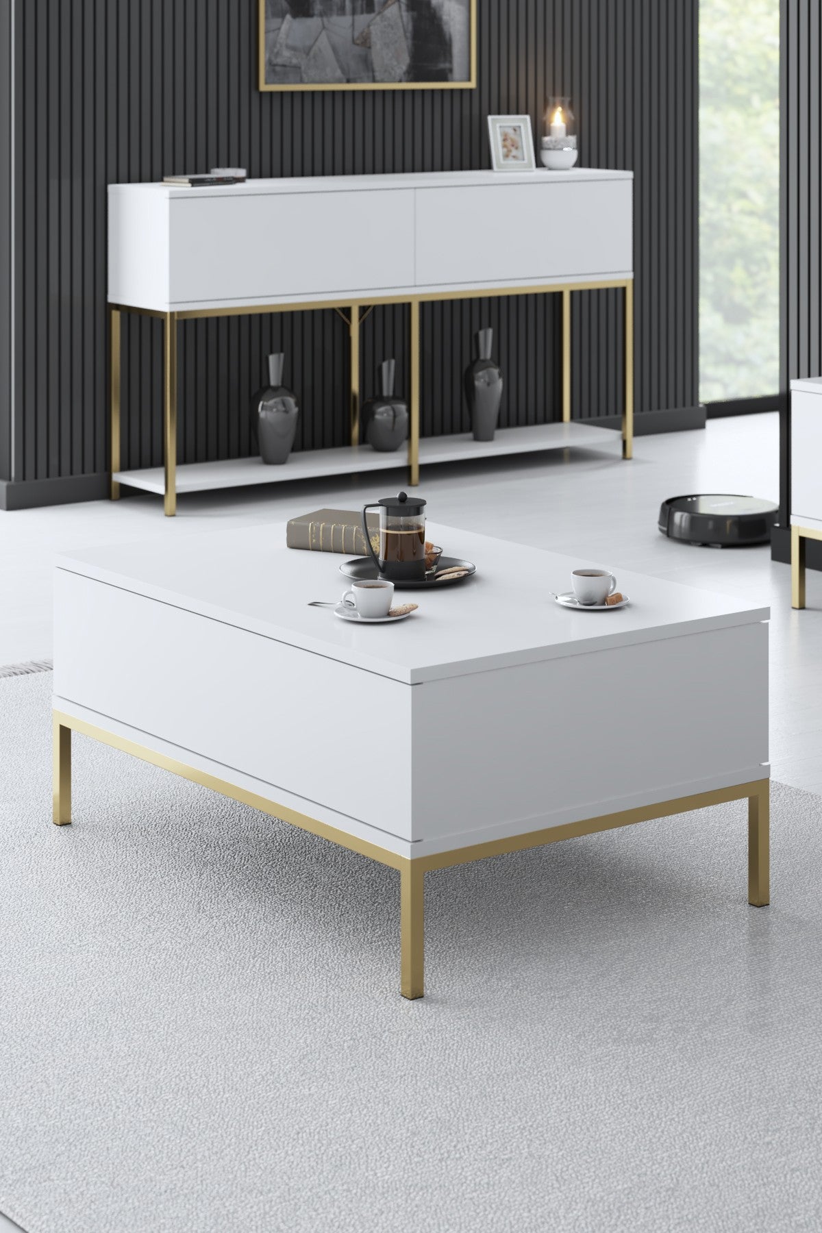 Furniture Sets - Furniture Set White Lord - Coffee Table + TV Furniture + Sideboard - Golden Frame - Dimehouse
