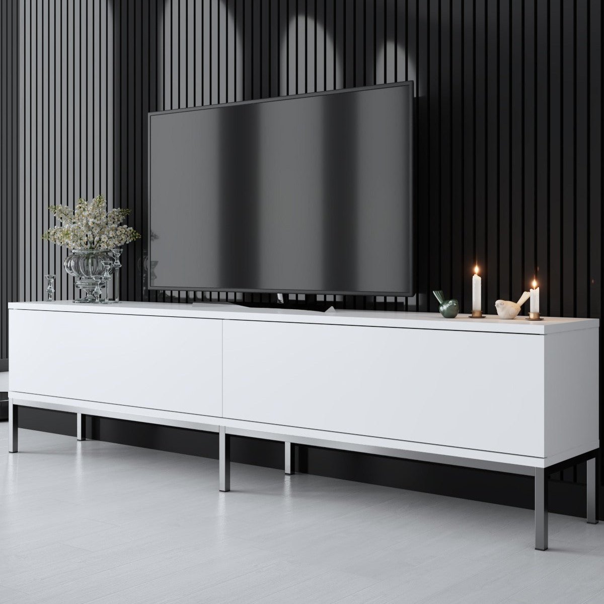TV Furniture - TV Furniture Lord White Silver Melamine 180x47x30 cm - Dimehouse