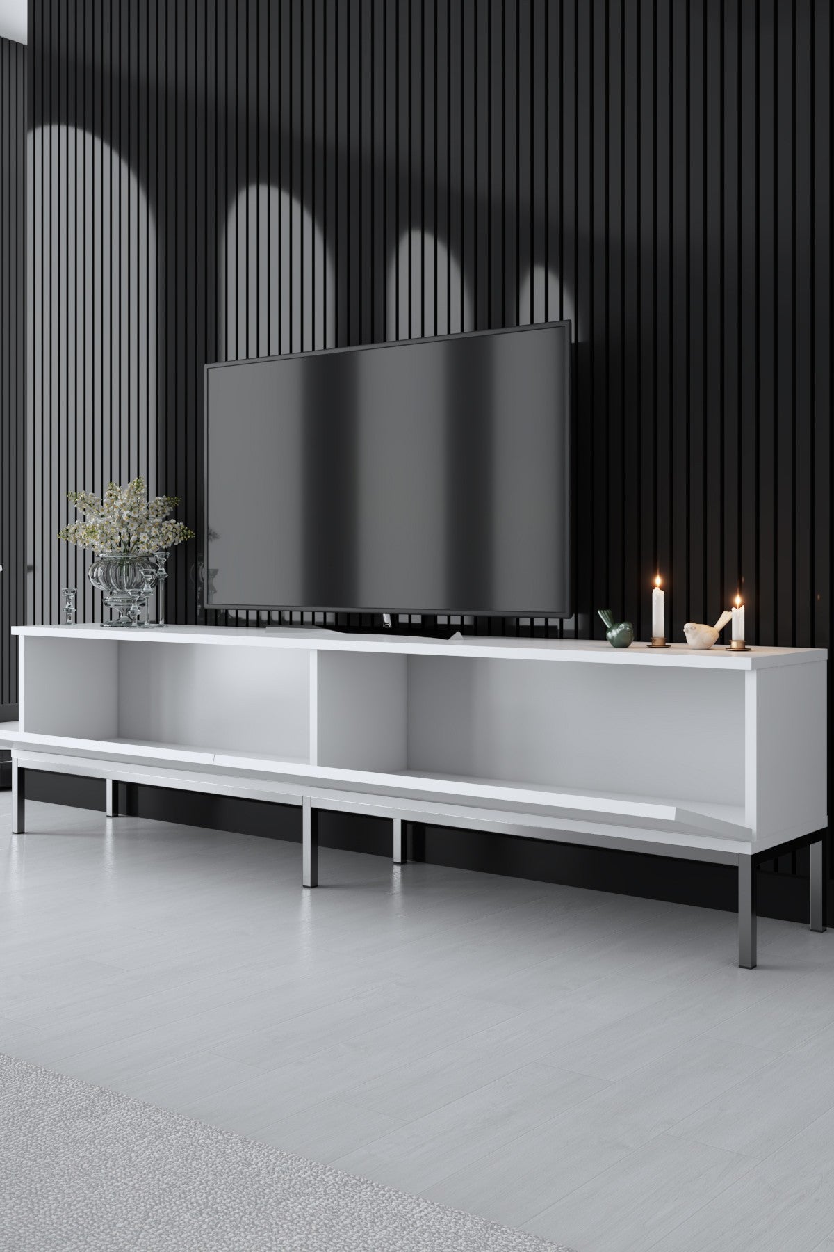 TV Furniture - TV Furniture Lord White Silver Melamine 180x47x30 cm - Dimehouse