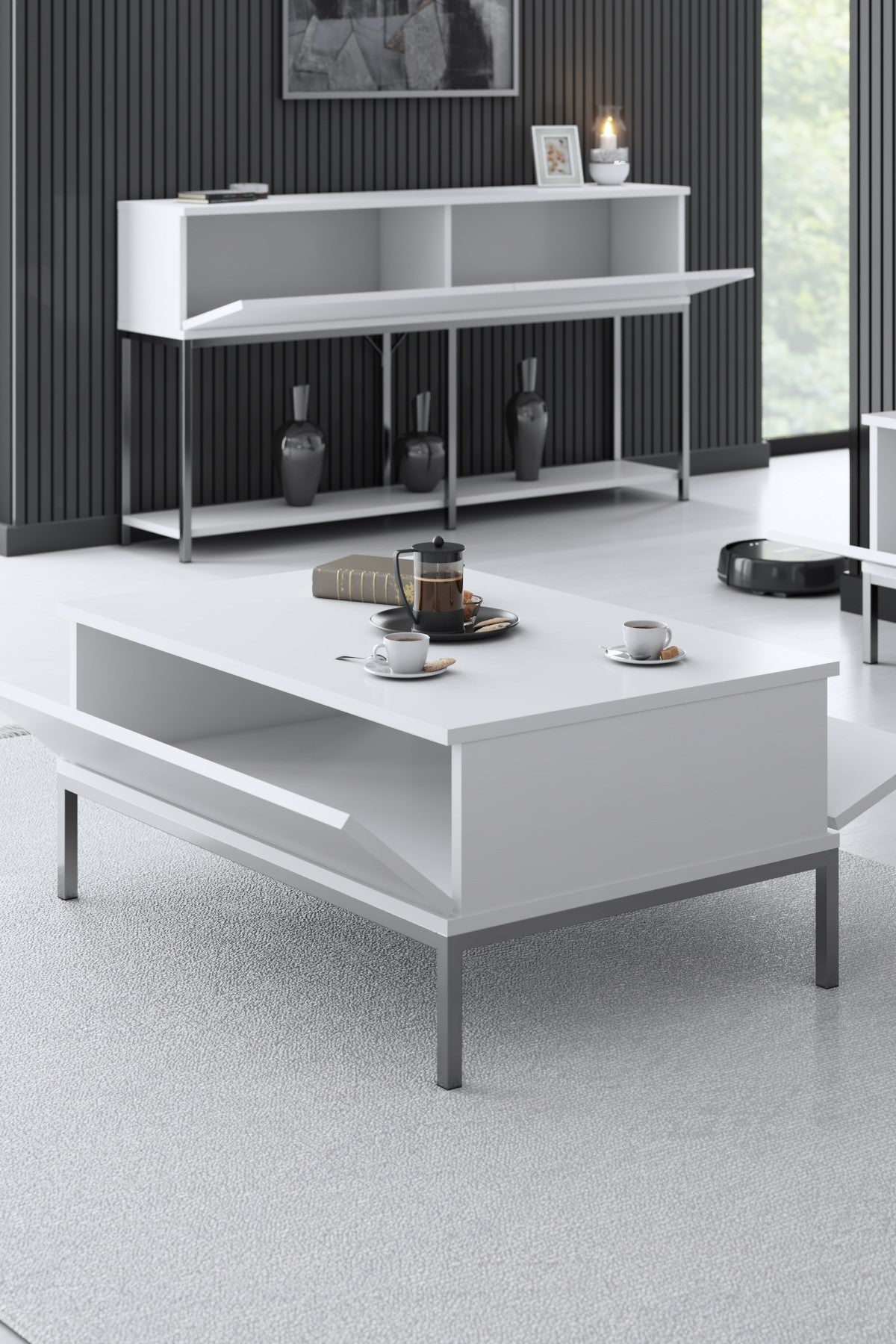 Coffee Tables - Rectangular Coffee Table White Lord 90x60 - Silver Frame - Dimehouse
