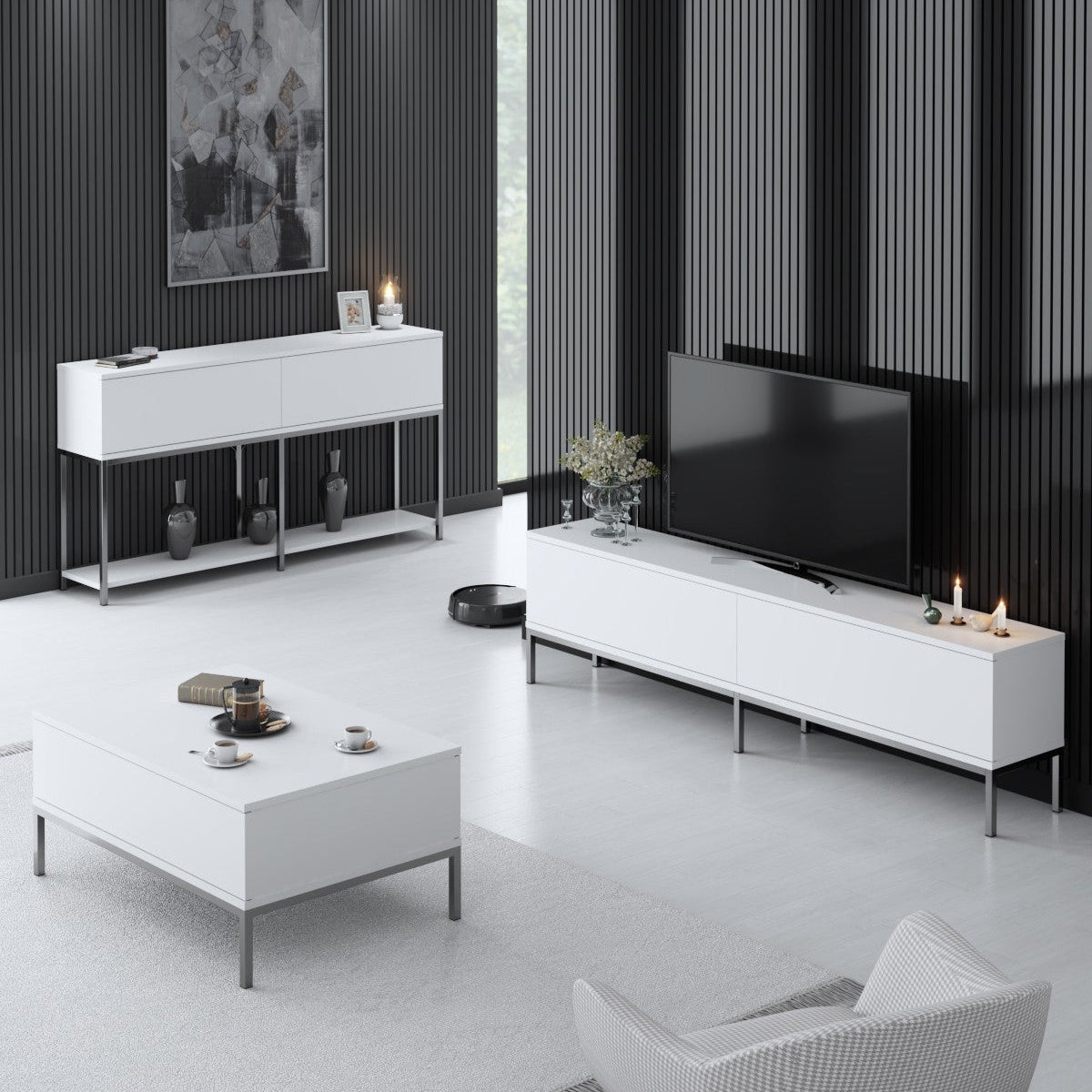 Furniture Sets - Furniture Set White Lord - Coffee Table + TV Furniture + Sideboard - Silver Frame - Dimehouse