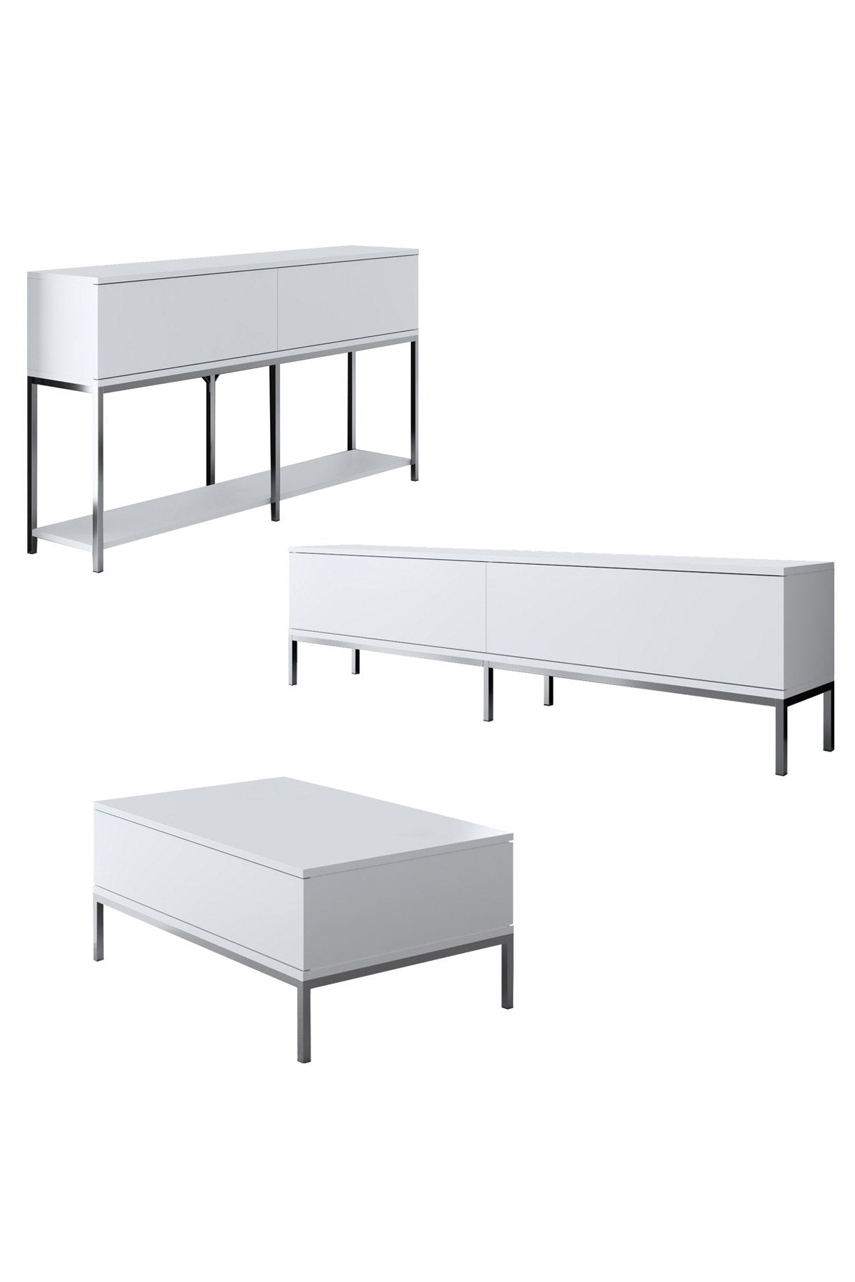 Furniture Sets - Furniture Set White Lord - Coffee Table + TV Furniture + Sideboard - Silver Frame - Dimehouse
