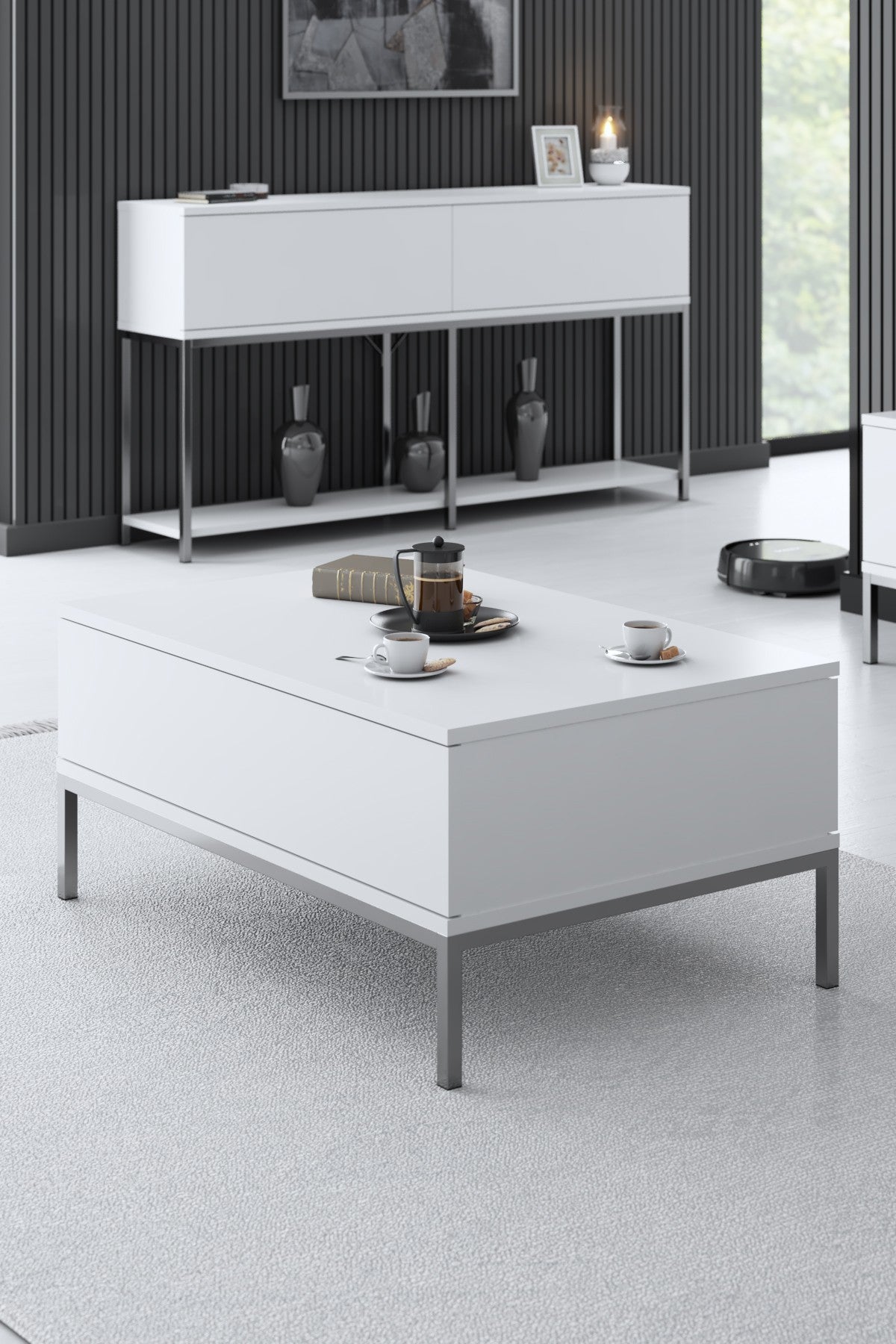 Furniture Sets - Furniture Set White Lord - Coffee Table + TV Furniture + Sideboard - Silver Frame - Dimehouse
