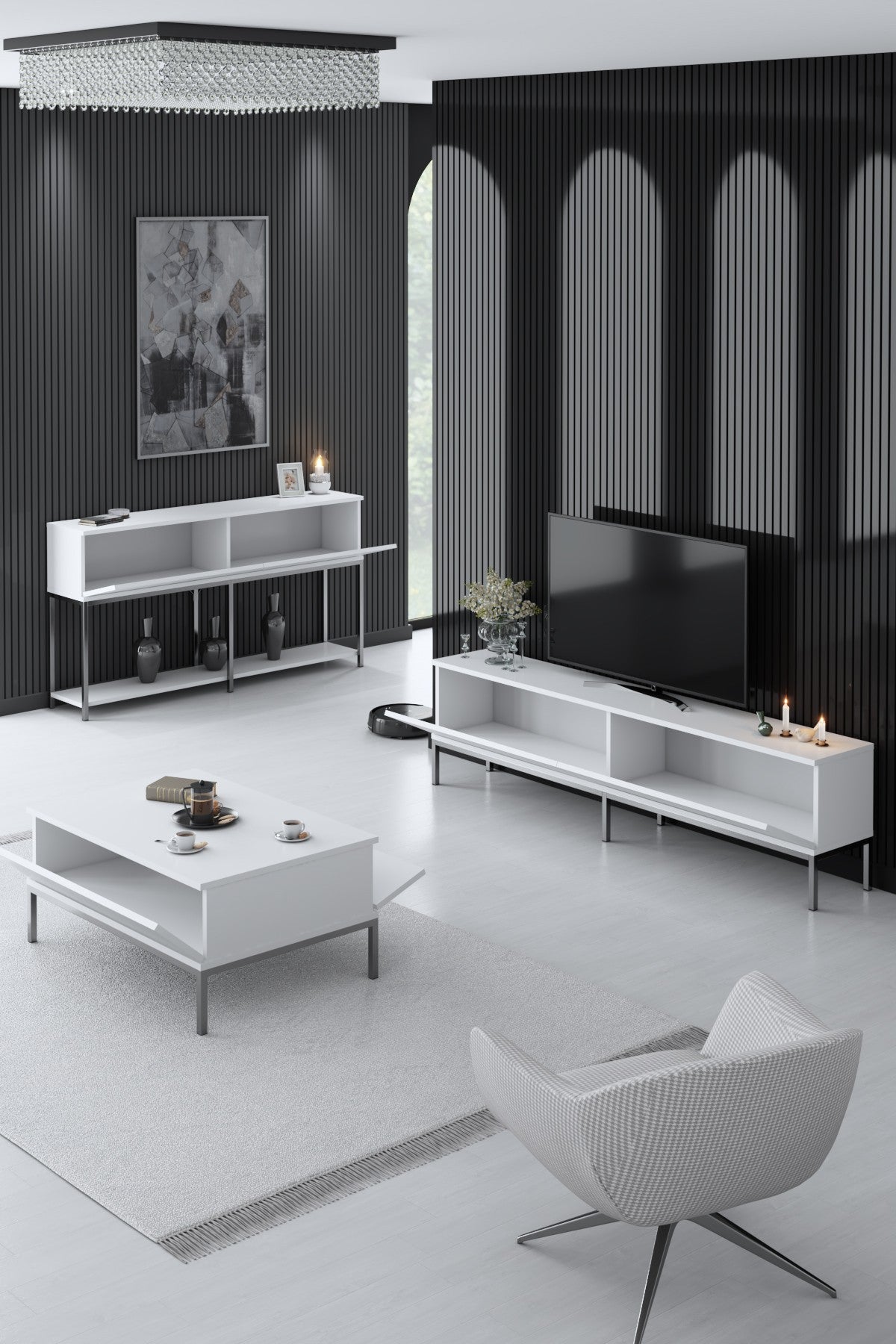 Furniture Sets - Furniture Set White Lord - Coffee Table + TV Furniture + Sideboard - Silver Frame - Dimehouse