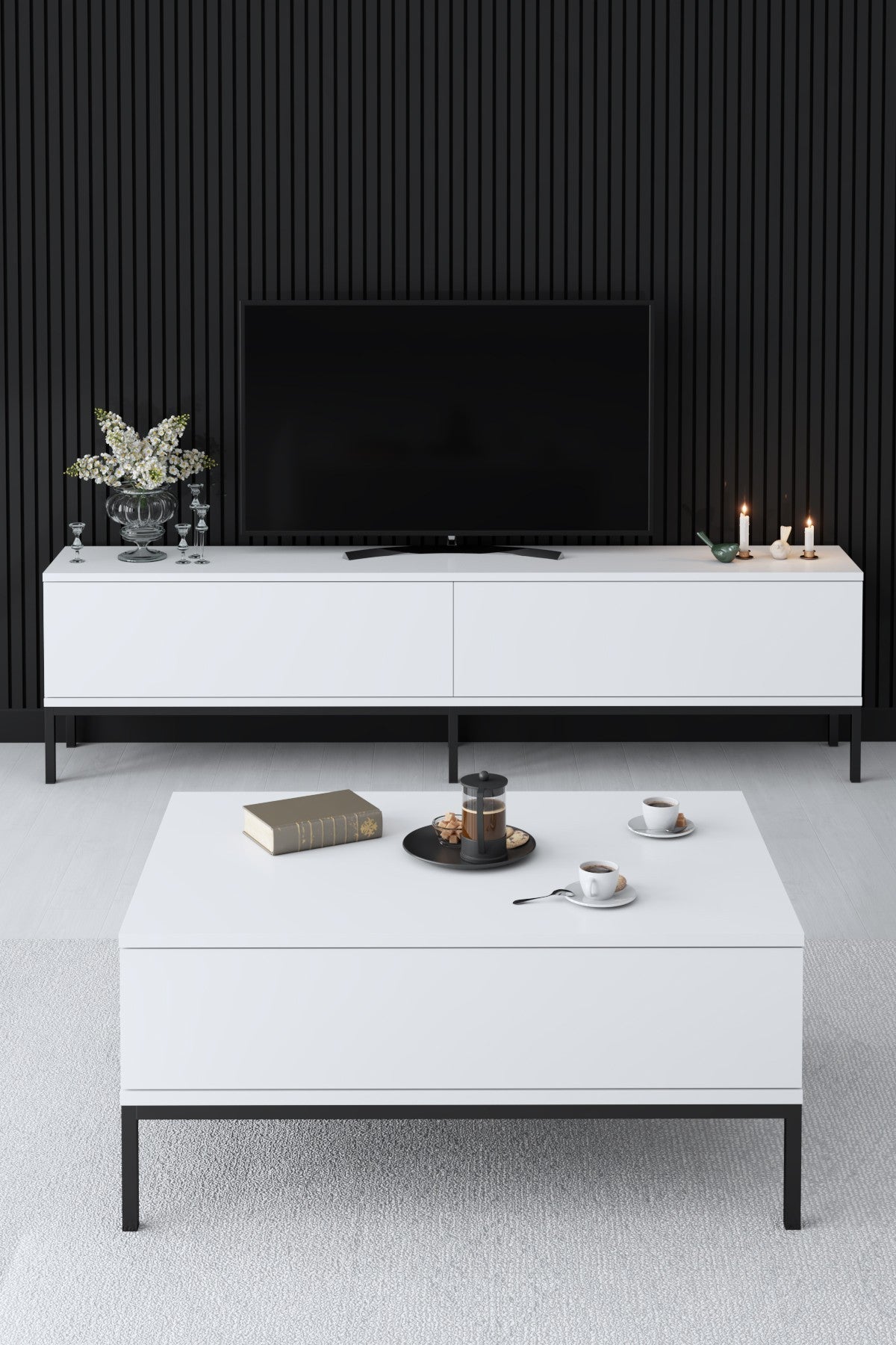 TV Furniture - TV Furniture Lord Black White Melamine 180x47x30 cm - Dimehouse