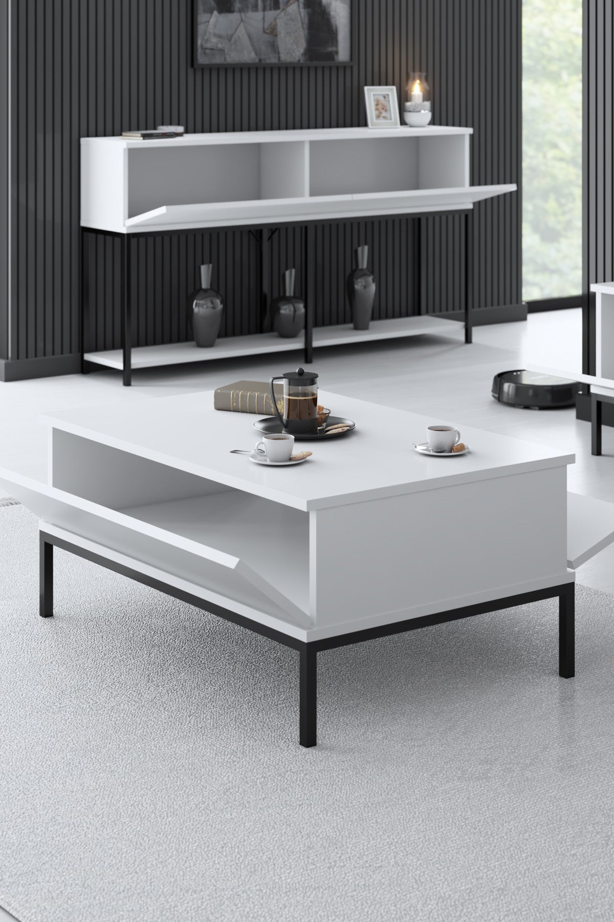 Coffee Tables - Rectangular Coffee Table White Lord 90x60 - Black Frame - Dimehouse
