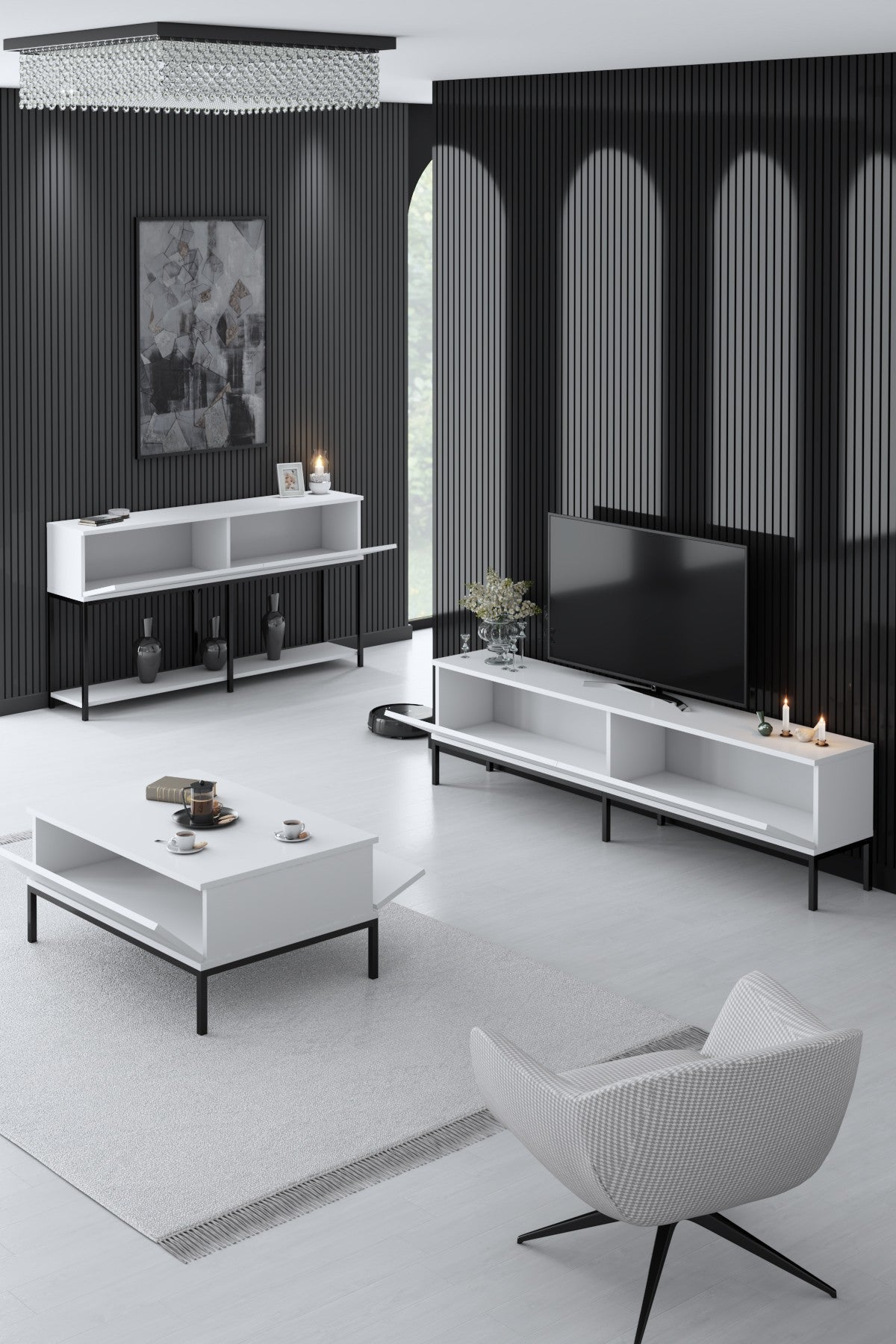 Furniture Sets - Furniture Set White Lord - Coffee Table + TV Furniture + Dresser - Black Frame - Dimehouse