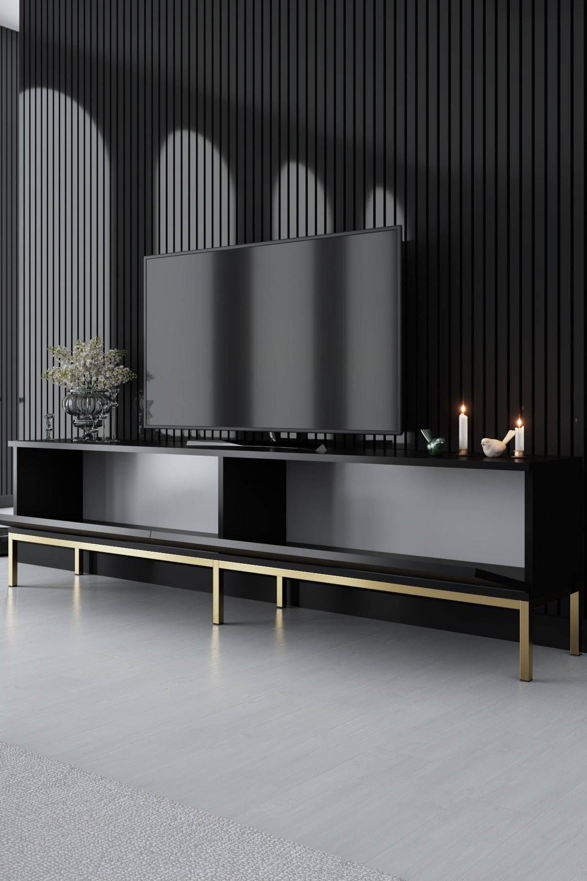 TV Furniture - TV Furniture Lord Black Gold Melamine 180x47x30 cm - Dimehouse