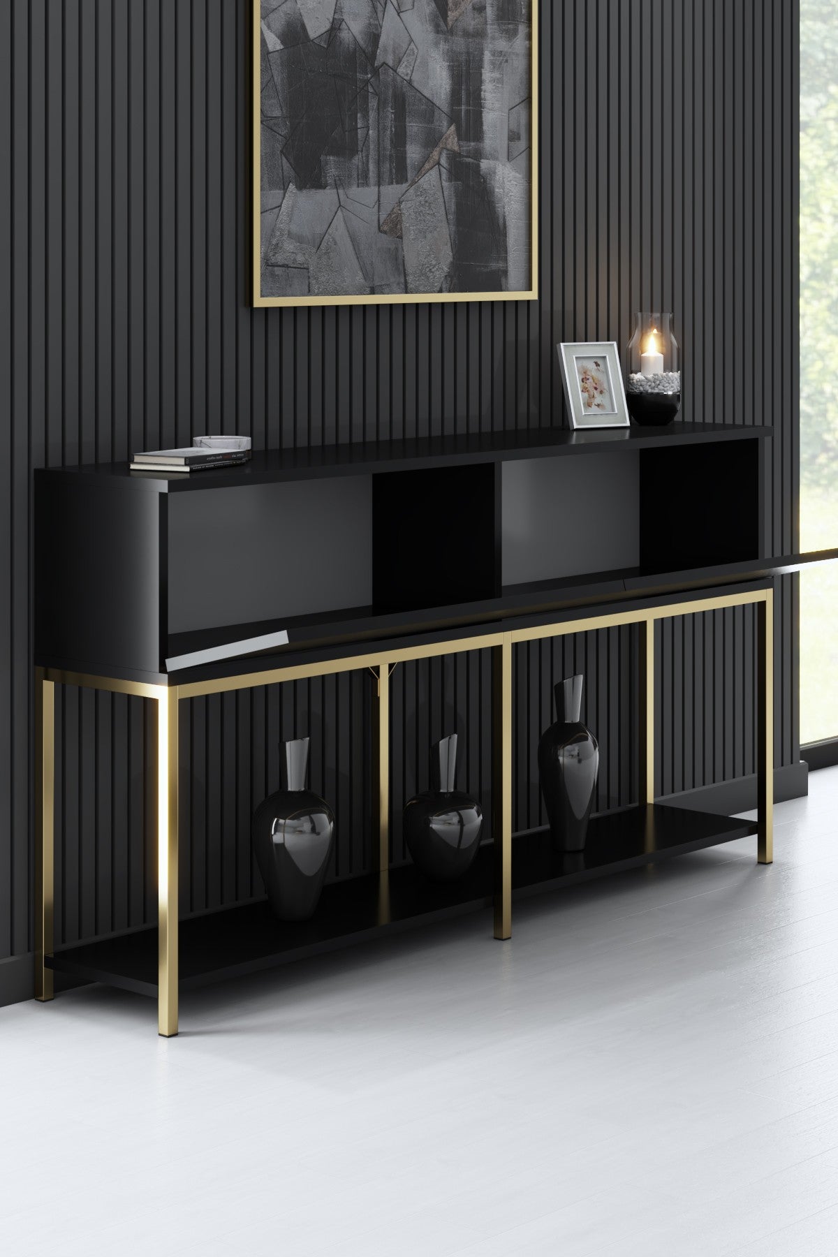 Sideboards - Modern Sideboard Black Lord 150x30x80 - Gold Frame - Two Compartments - Dimehouse