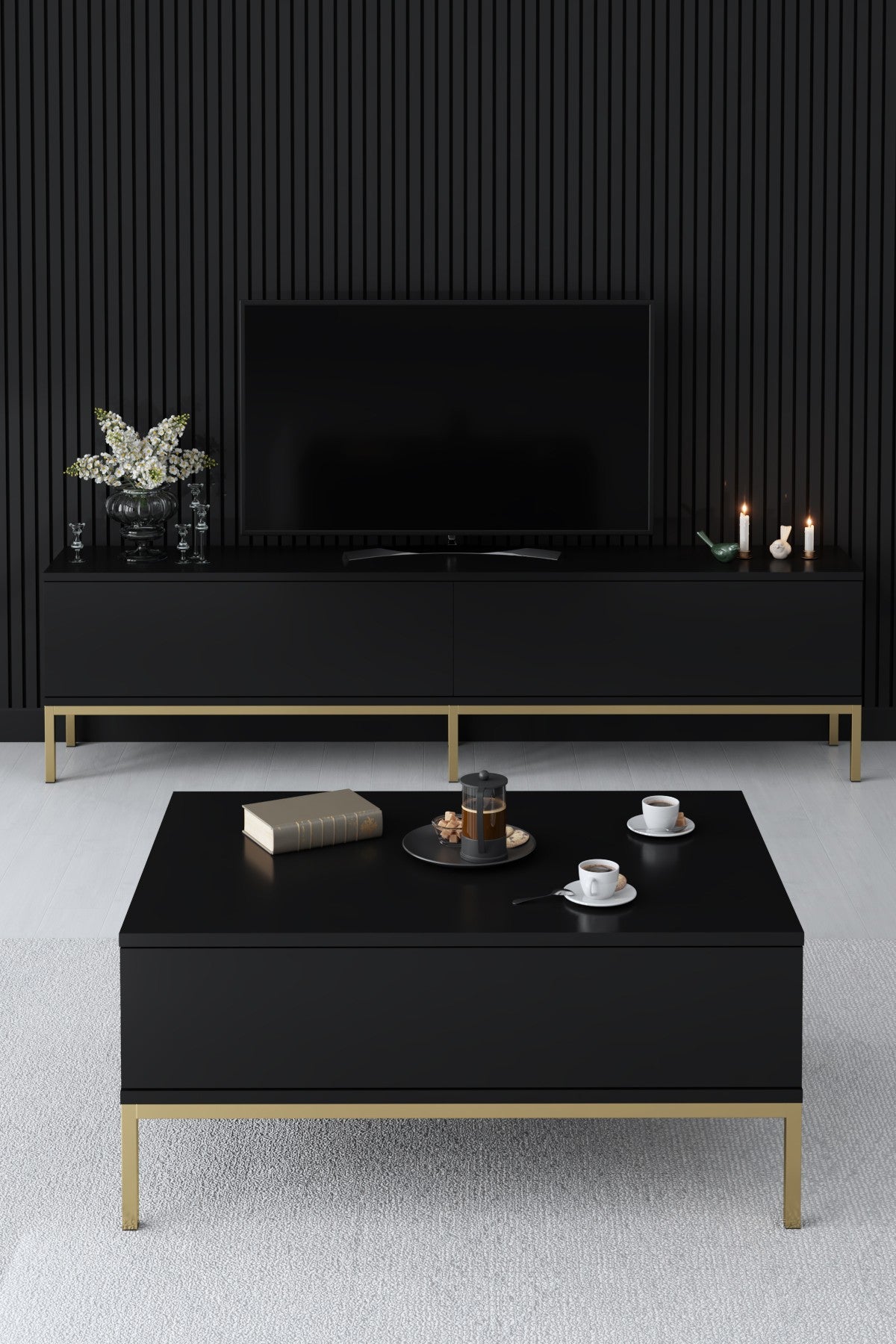 Furniture Sets - Furniture Set Black Lord - Coffee Table + TV Furniture + Sideboard - Golden Frame - Dimehouse