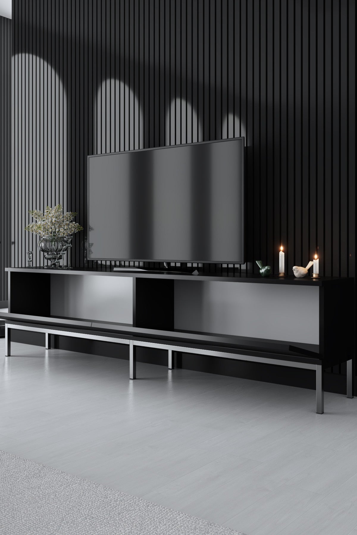TV Furniture - TV Furniture Lord Black Silver Melamine 180x47x30 cm - Dimehouse