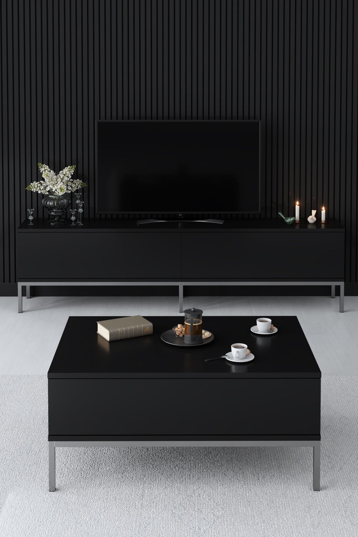 Furniture Sets - Furniture Set Black Lord - Coffee Table + TV Furniture + Sideboard - Silver Frame - Dimehouse