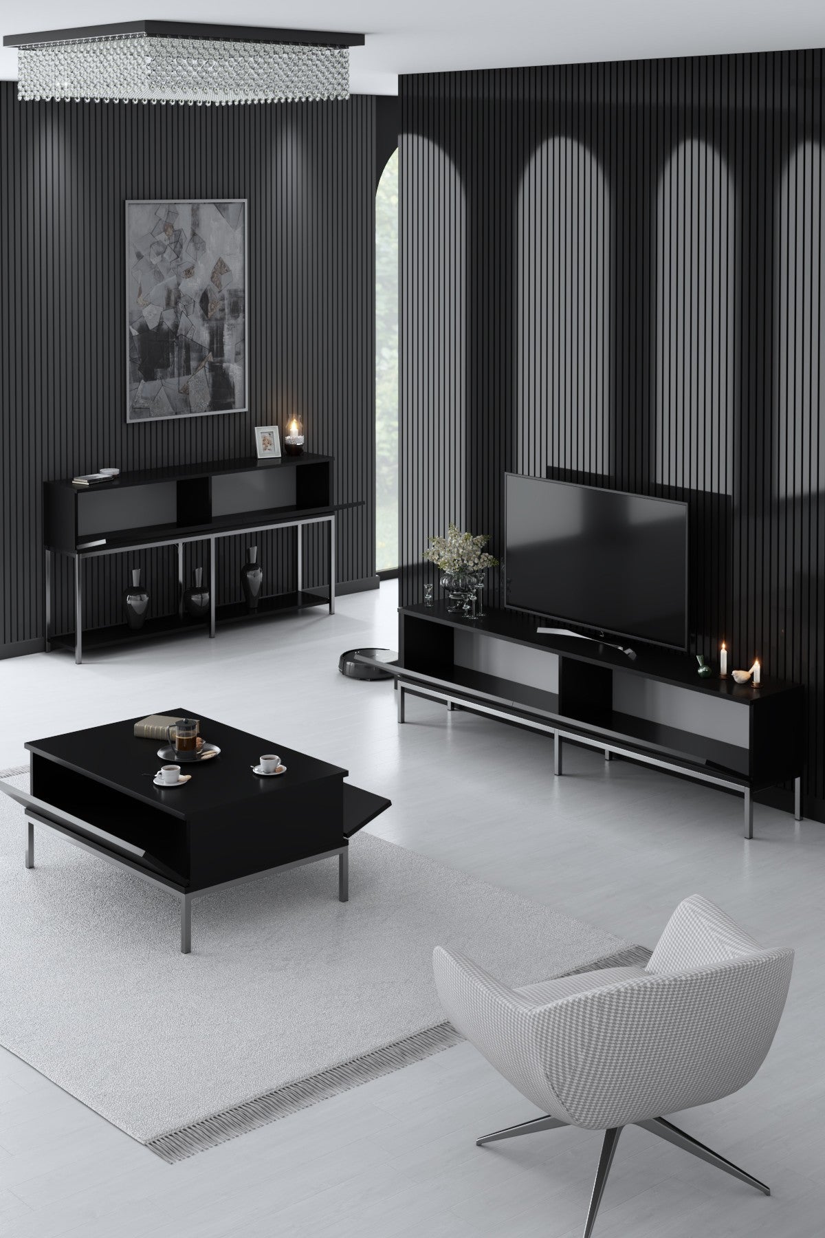 Furniture Sets - Furniture Set Black Lord - Coffee Table + TV Furniture + Sideboard - Silver Frame - Dimehouse
