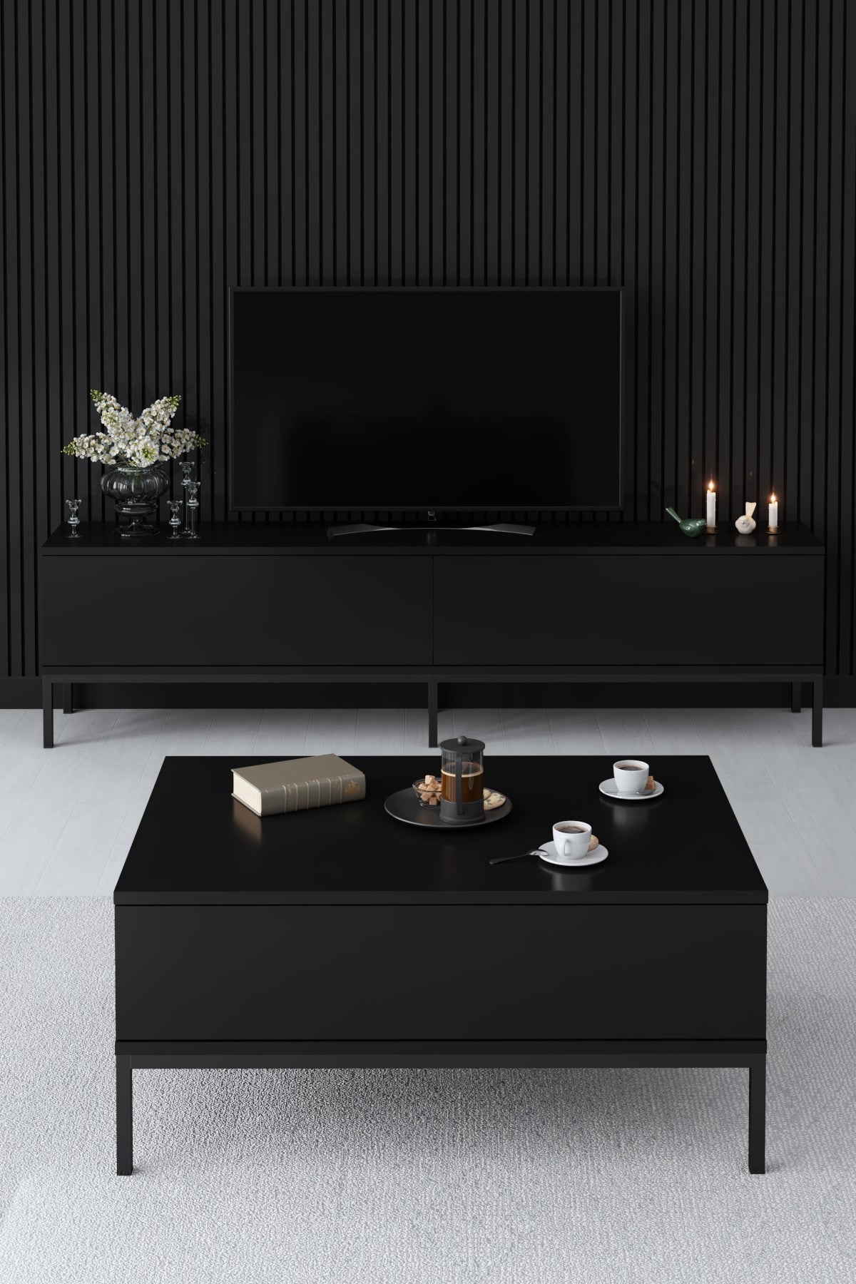 TV Furniture - TV Furniture Lord Black Melamine 180x47x30 cm - Dimehouse