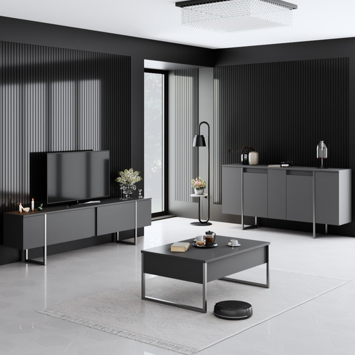 Furniture Sets - Furniture Set Anthracite Luxury - Coffee Table + TV Furniture + Sideboard - Silver Frame - Dimehouse